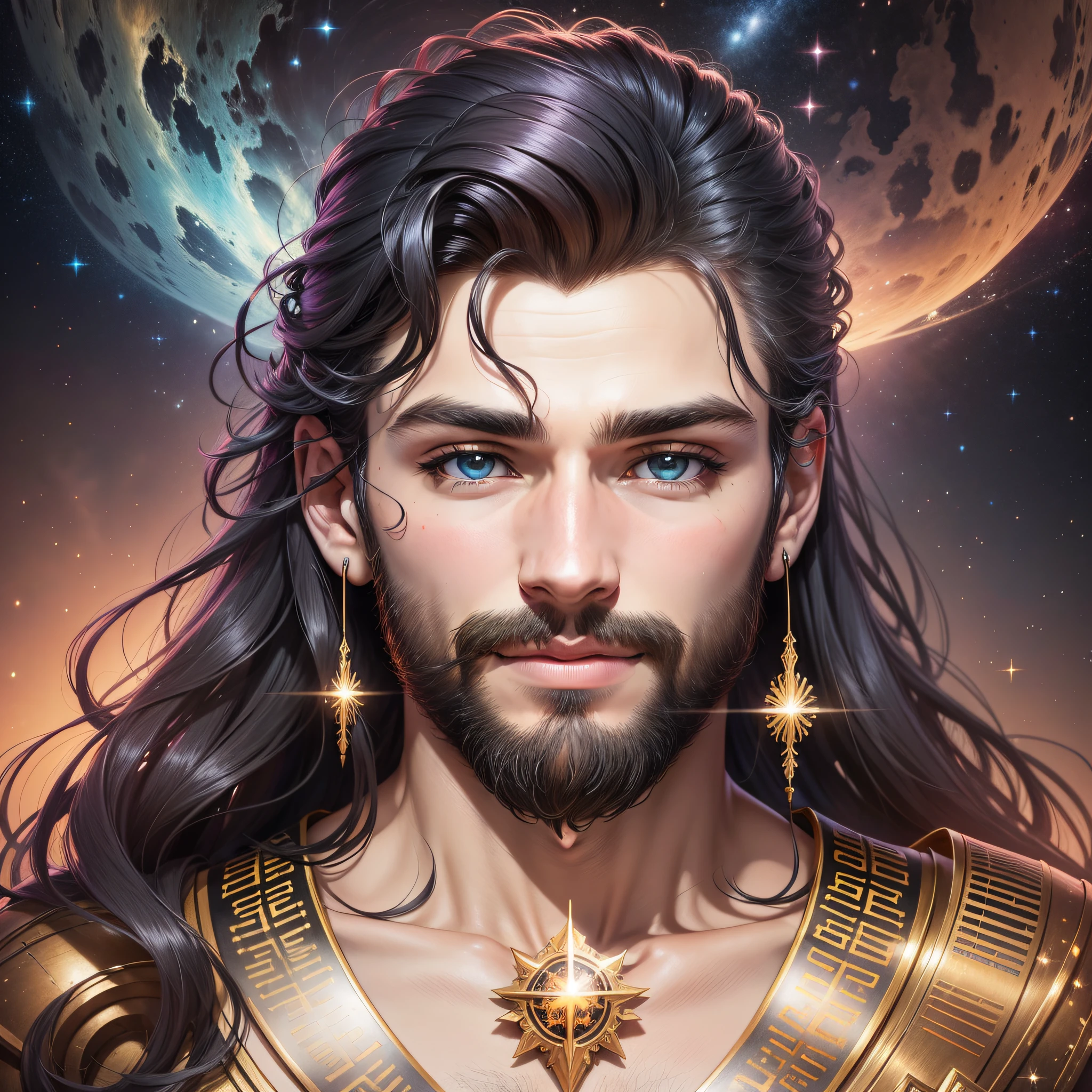 Uma fantasia hipnotizante-realistic artwork of Wren Astralis awaits you in the TechnoVisionary collection. Immerse yourself in the captivating presence of Wren, com seu cabelo intrincado e elaboradamente penteado, complementing his galactic beauty. Explore as profundezas de seus olhos expressivos, a curva suave de seu nariz, e o encanto de seu sorriso caloroso. O artista criou com maestria cada detalhe, from the texture of his skin to the meticulous rendering of his ears and beard. Set against a celestial background adorned with swirling galaxies and sparkling stars, this artwork transports you to a world of sci-fi maravilhas.