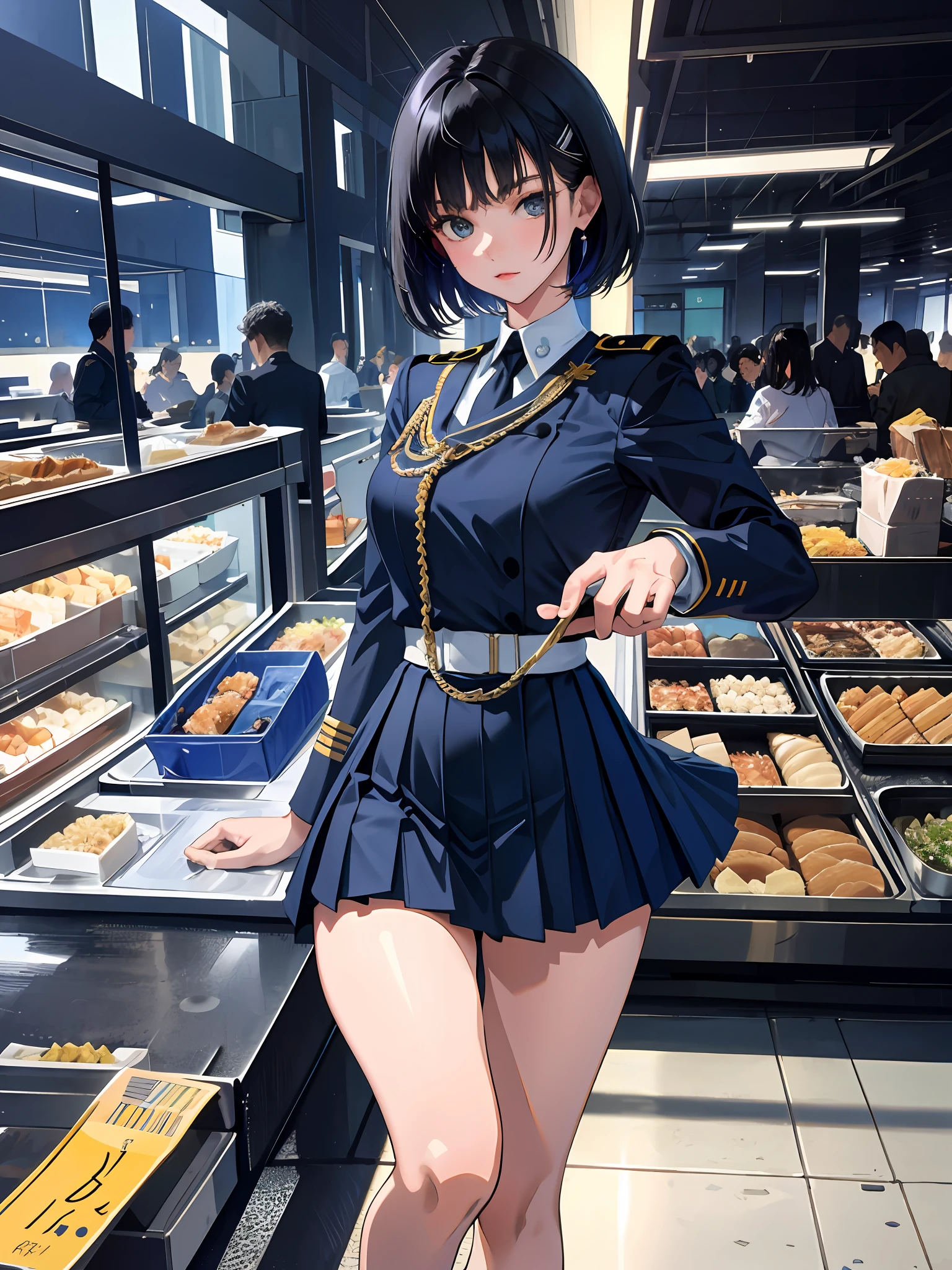 【Highest resolution, Distinct_image】Best quality, masterpiece, high definition, semi-reality, black hair short haired woman, mature woman, triple bang, blue uniform, blue pleated skirt, military uniform, subjectivity, cadet school, cafeteria, meal, lunch, classmates, multiple background, crowd background, etc.