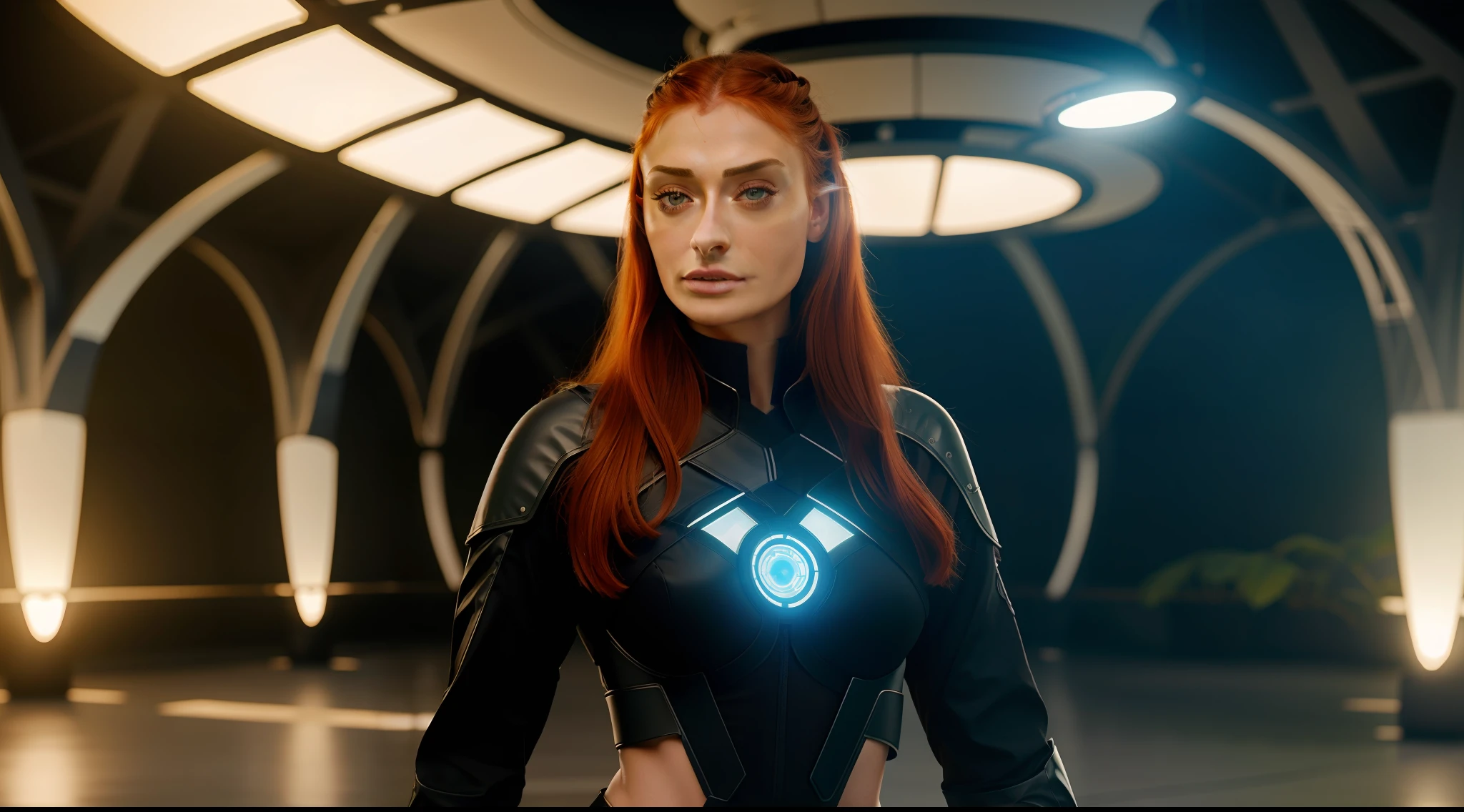 Technological advances in healthcare, (Sophie Turner) roupas brancas elegantes, ambiente solarpunk, plantas, futurista, vibrante, fotorrealista, realista, dramatic, cinematic lighting, focus sharp, 8k