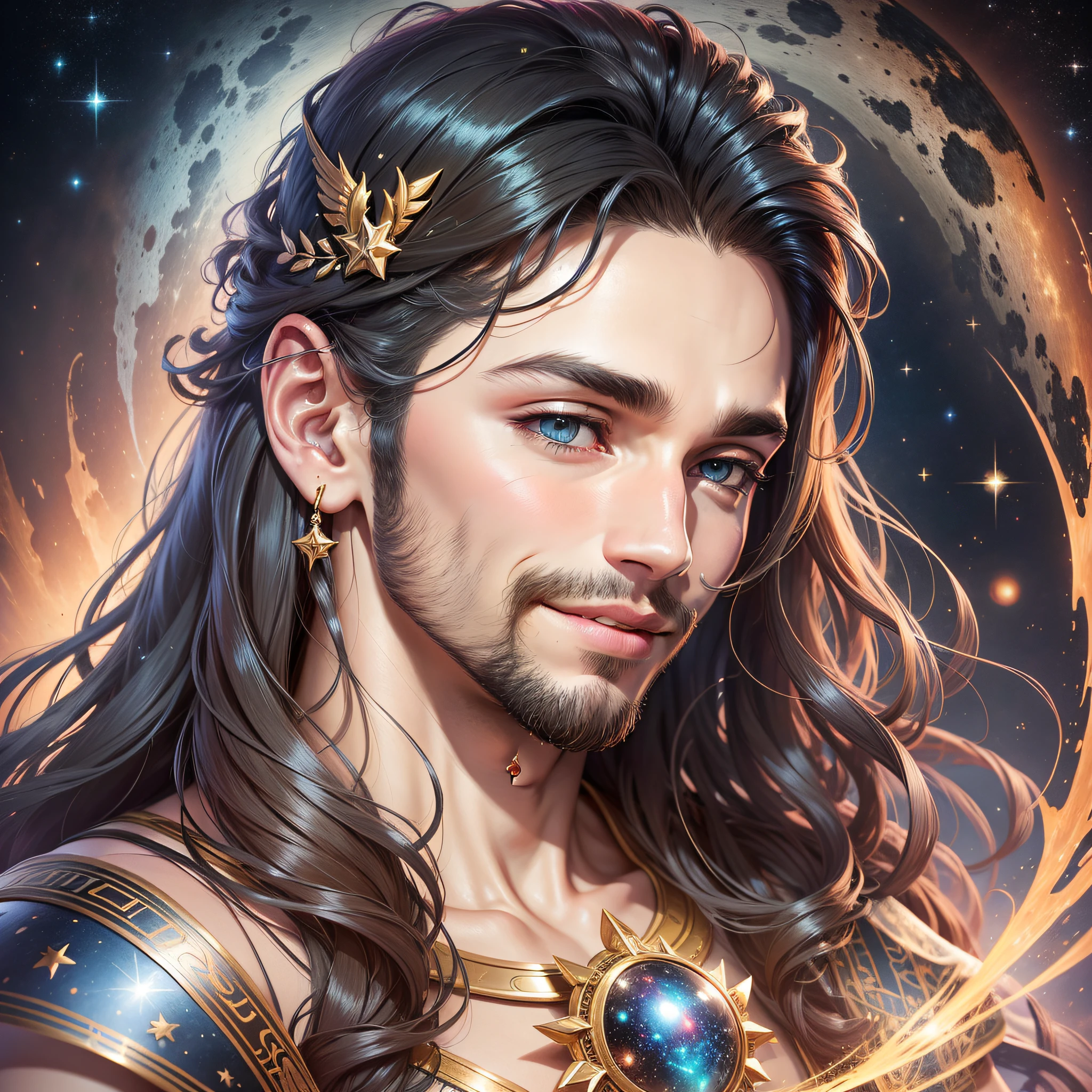 Uma fantasia hipnotizante-realistic artwork of Wren Astralis awaits you in the TechnoVisionary collection. Immerse yourself in the captivating presence of Wren, com seu cabelo intrincado e elaboradamente penteado, complementing his galactic beauty. Explore as profundezas de seus olhos expressivos, a curva suave de seu nariz, e o encanto de seu sorriso caloroso. O artista criou com maestria cada detalhe, from the texture of his skin to the meticulous rendering of his ears and beard. Set against a celestial background adorned with swirling galaxies and sparkling stars, this artwork transports you to a world of sci-fi maravilhas.