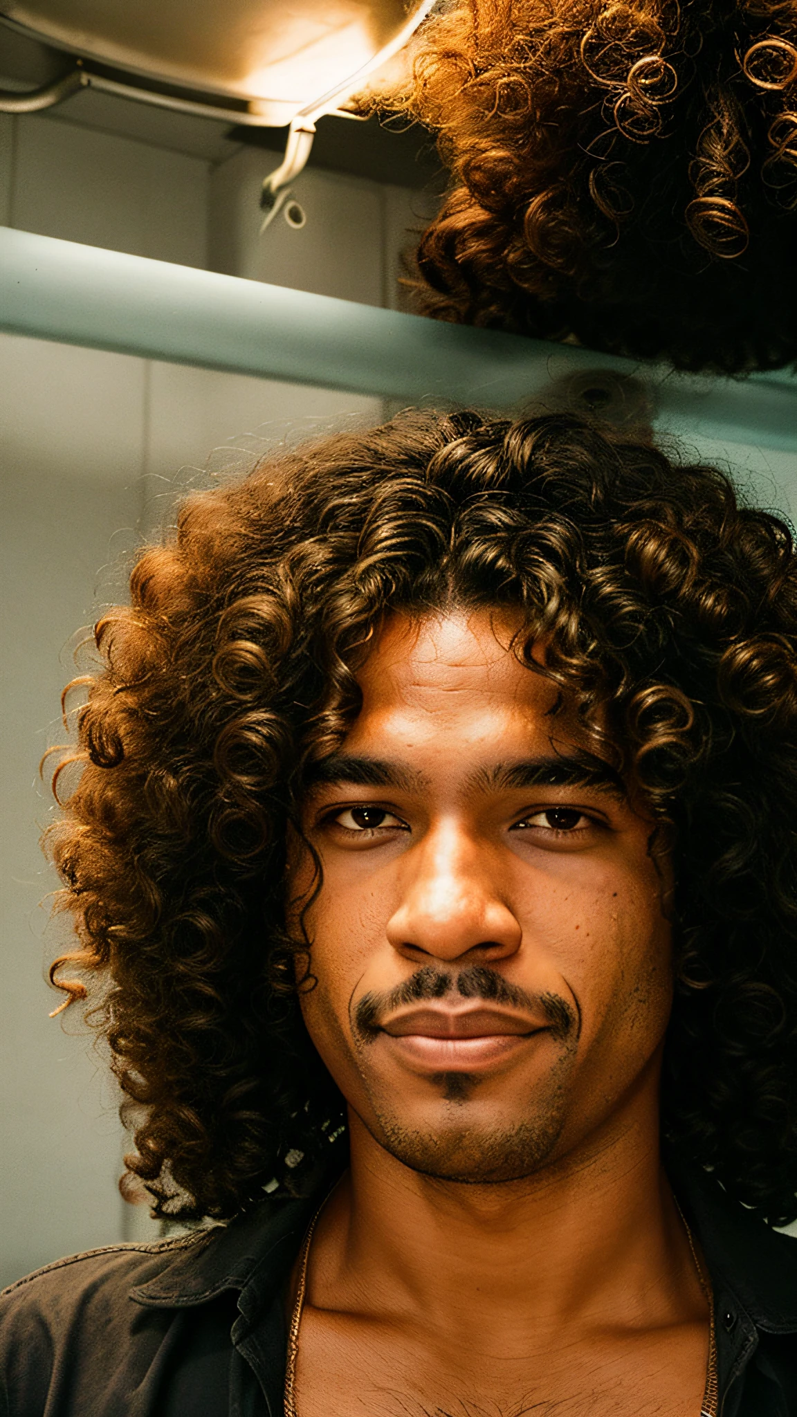 there is a man with a very large afro hair in a bathroom, 18 anos, curls on top of his head, taken in the early 2020s, com afro, imagem de perfil, um homem negro com longos cabelos cacheados, imagem frontal, 8k detalhado, estilo anime