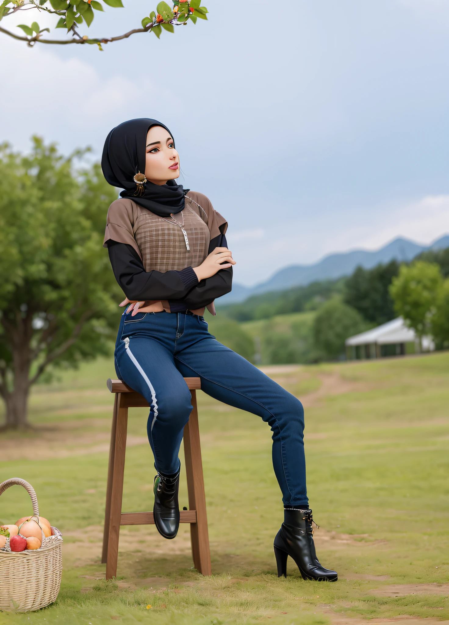 woman sitting on a chair in a field with a basket of fruit, protruding chest pushed the shirt he was wearing, casual photography, casual pose, mid shot portrait, in a scenic background, with a cool pose, hijab, shot on canon eos r 5, black and brown, shot on canon eos r5, cool pose, woman model, potrait, portrait shot, taken with canon 5d mk4