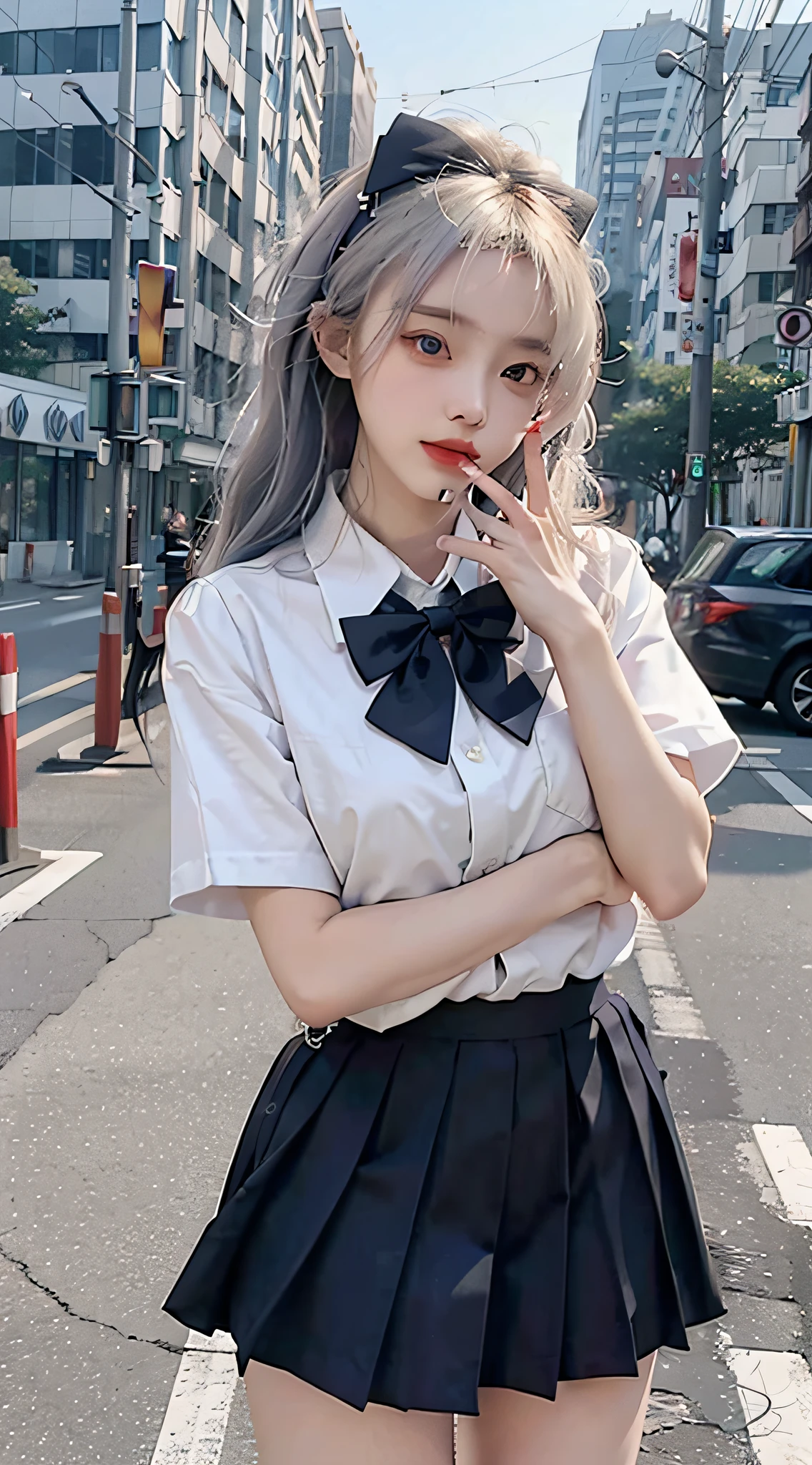 8k, RAW photos,of the best quality,a masterpiece,lifelike,Photorealistic,at nighttime,looks at the viewer,white hair,Pose,The streets of Tokyo,night scenery,Cyberpunk City,pastel light,1 girl,extremely beautiful face,Larger chest,put down hands,random hairstyle,Random expressions,big eye,,Alvine,short sleeve,Short dark blue skirt,Bow tie,mix4。
