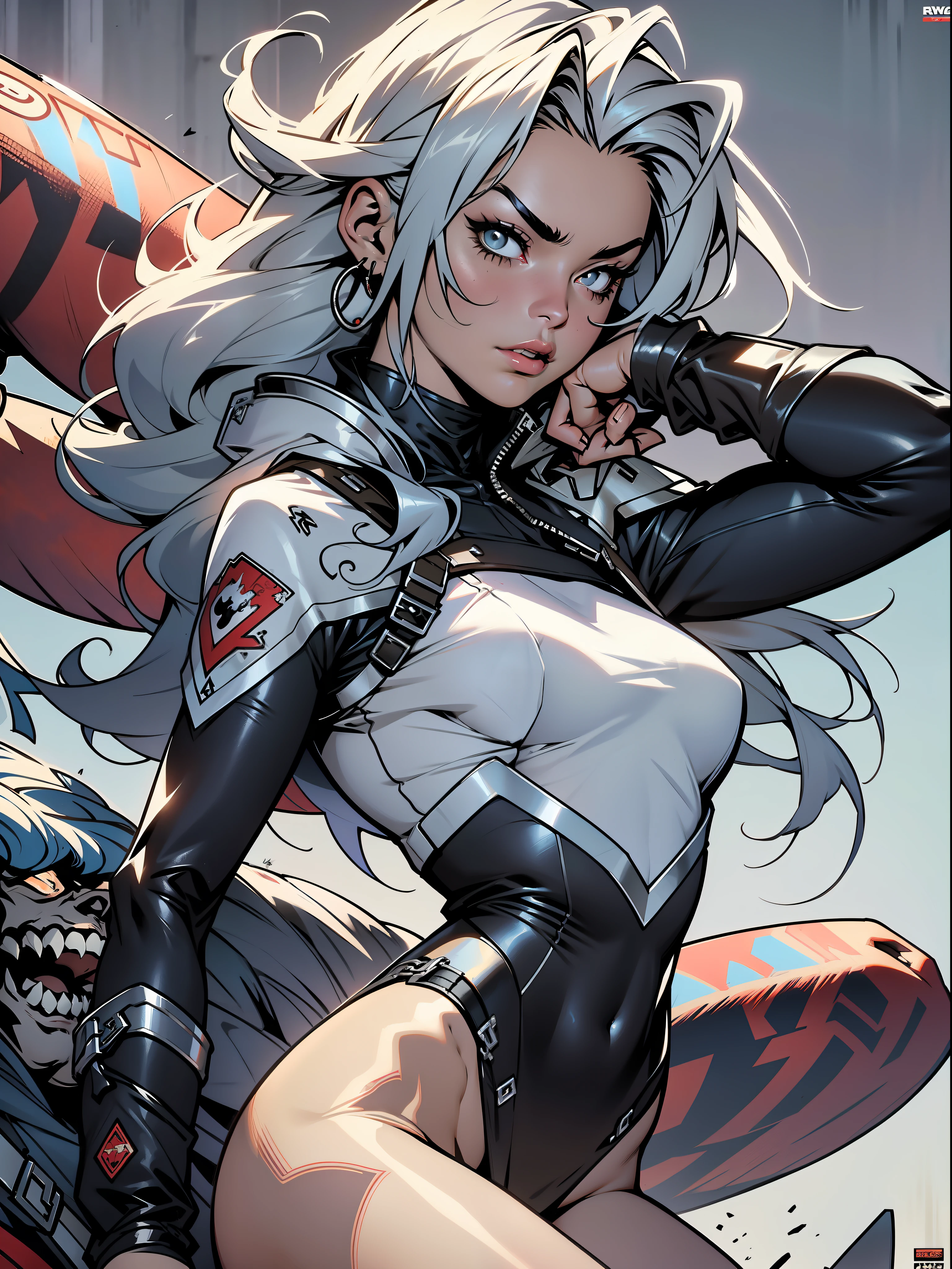 Uma guerreira mulher de 35 anos musculosa quase nua no estilo Simon Bisley para a capa da revista Heavy Metal, cabelo metade preto metade branco, Minimum clothing, Roupas curtas,