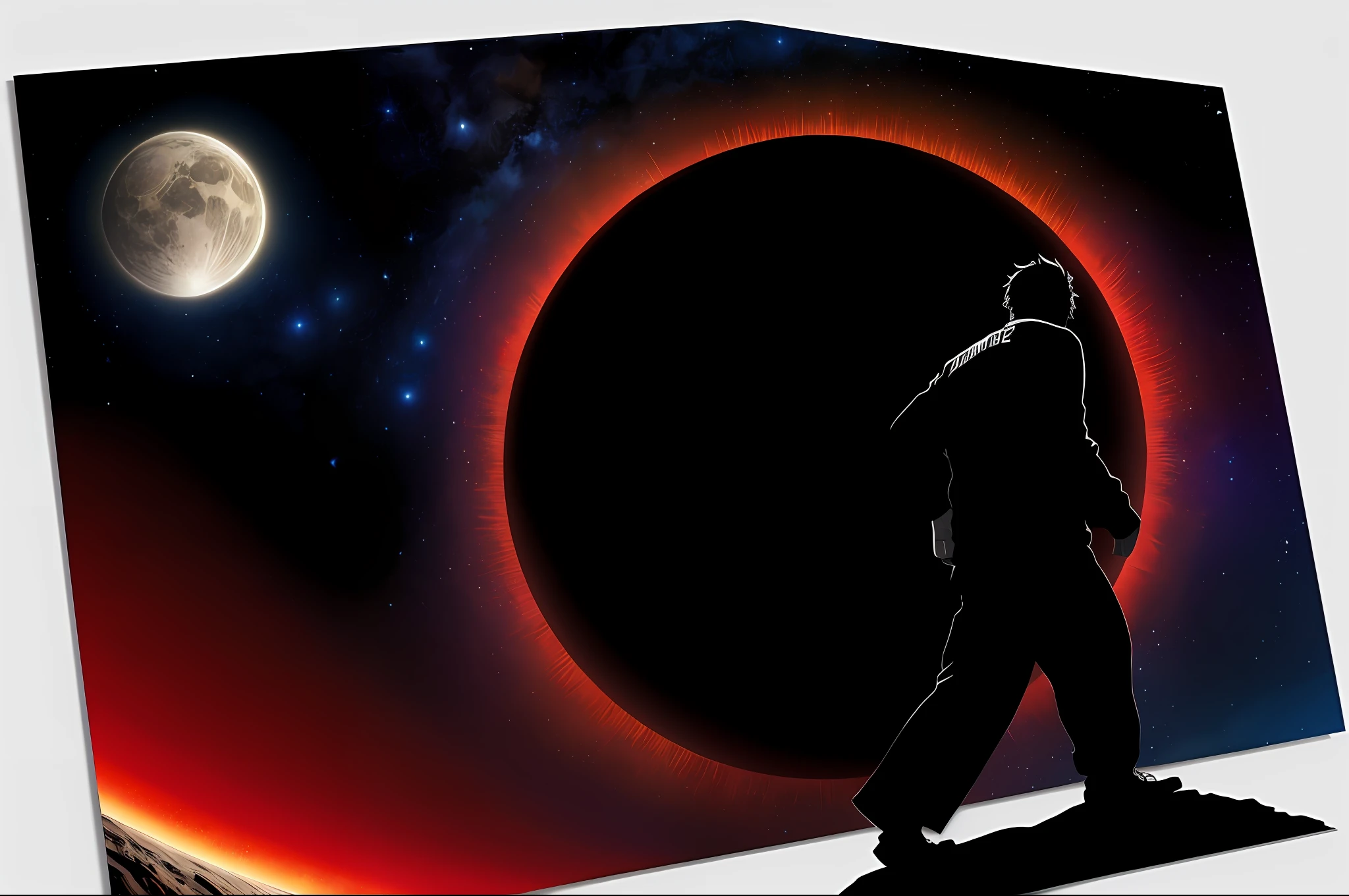 Homem uchske caminhando para, black hair, homem santing, aura vermelha, Altamente detalhado, Alta Qualidade, Obra-prima, emphasis_Linhas, fundo universo, estrelas no fundo, aura roxa