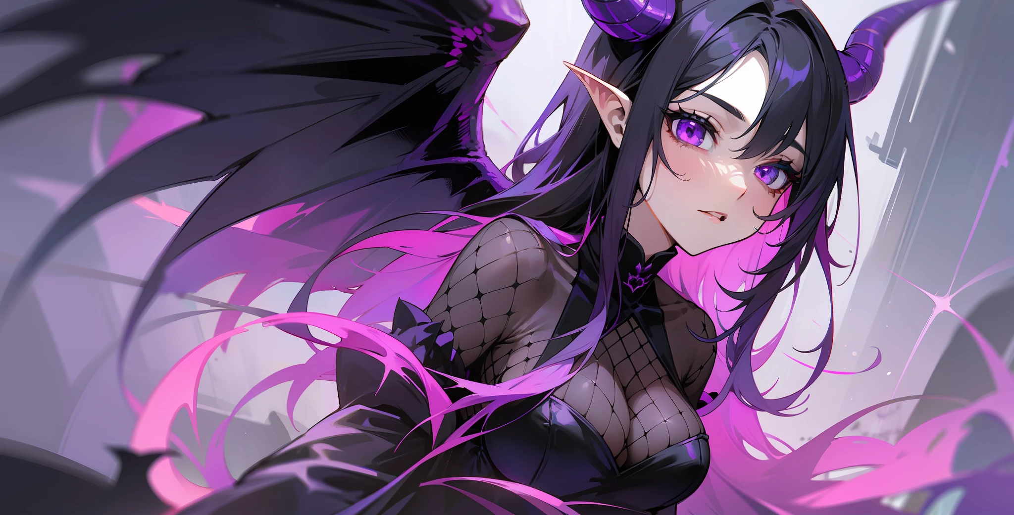 Woman around 30 years old Horned Demon, demonic wings,and with very purple skin and black hair wearing gothic clothes