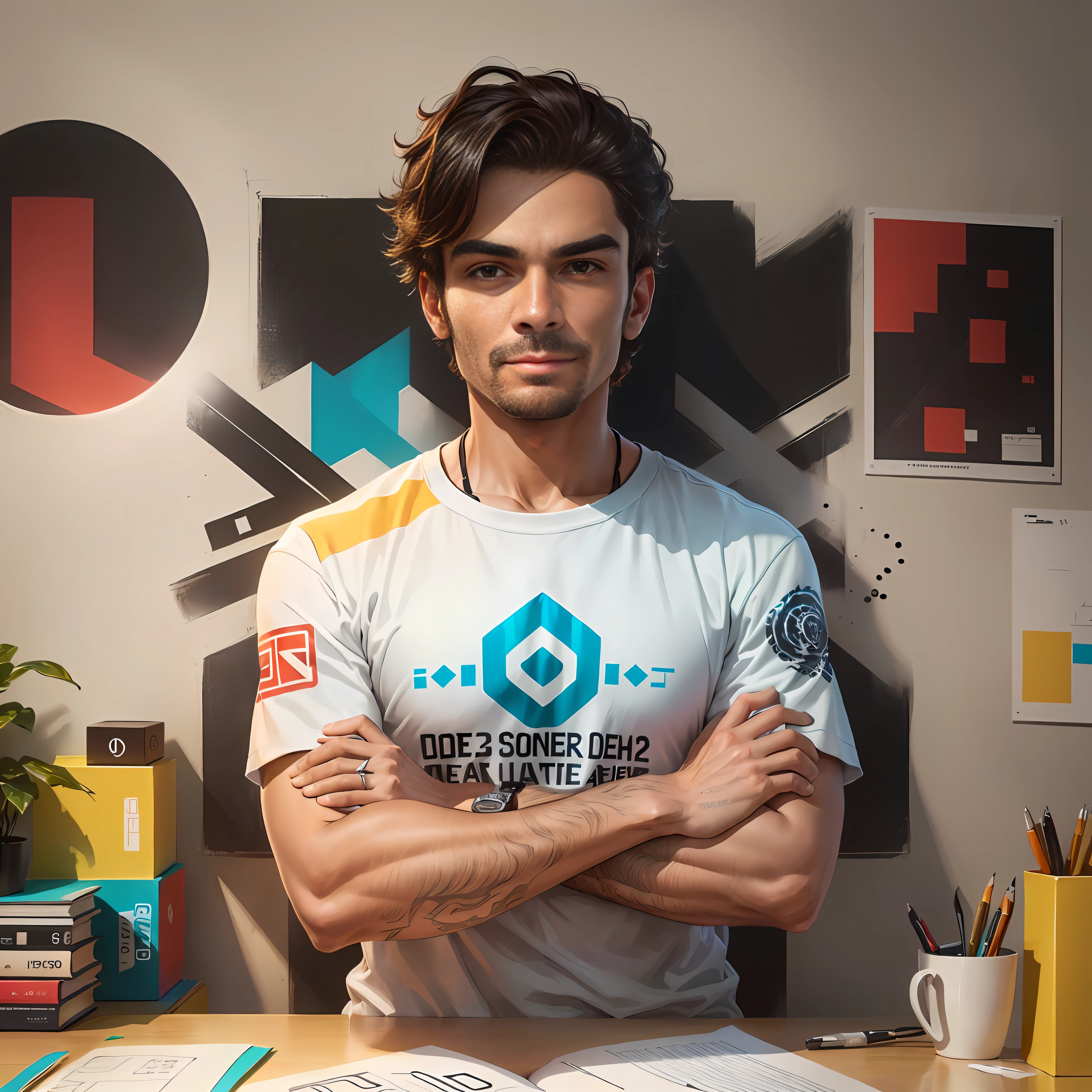 there is a man standing in front of a desk with a book, Anton Fadeev 8 K, Retrato no meio da foto, 8k portrait render, epic game portrait, Ross Tran 8 K, portrait of apex legends, retrato de alta qualidade, 8k octae renderizar foto, usando roupas netrunner, 8k octan advertising photo, foto de retrato, Artista CG