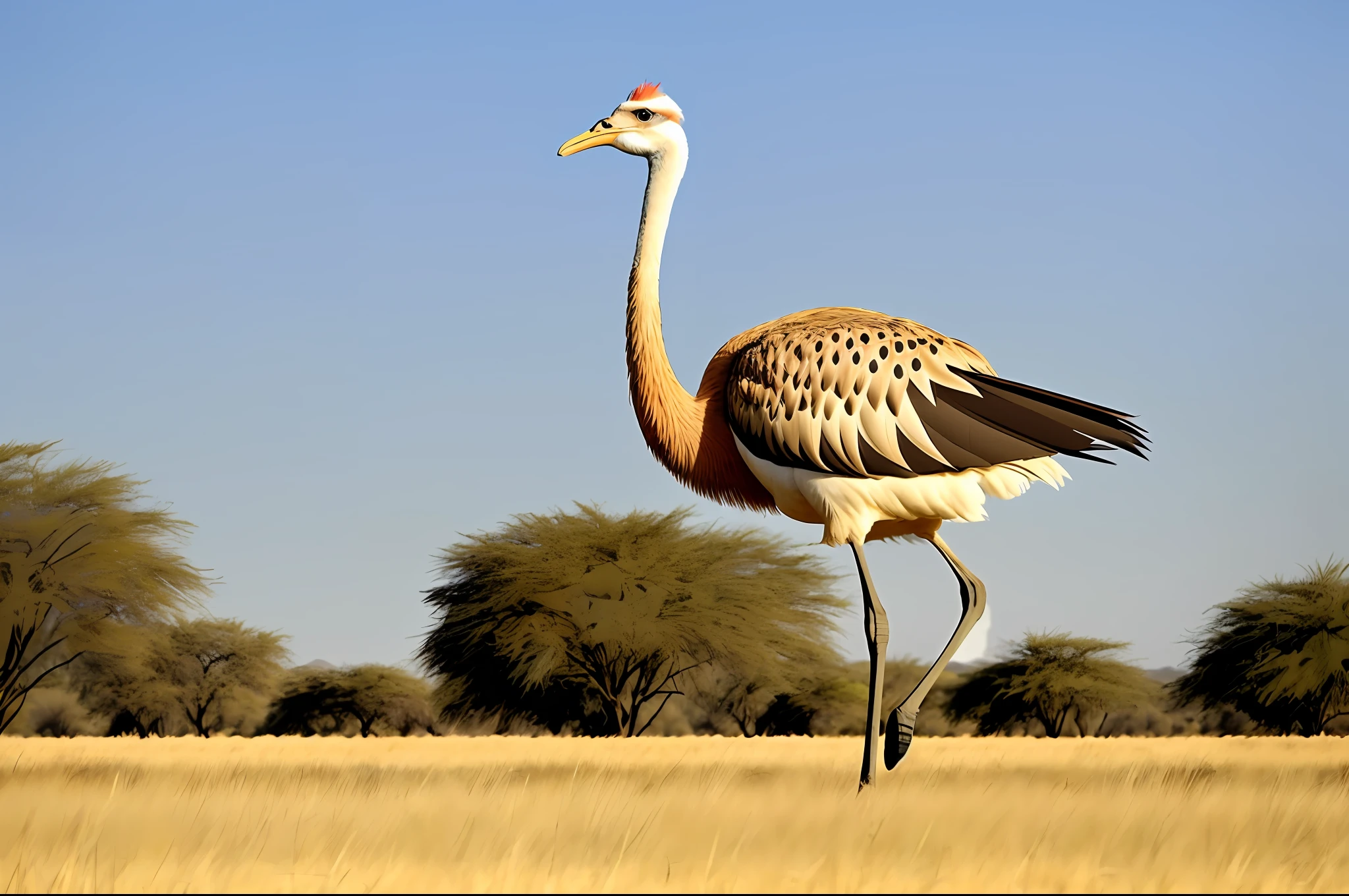 there is a large ostrich walking through the dry grass, pose majestosa, bonito e gracioso, fazendo uma pose majestosa, grou, Direction: Dietmar Damerau, standing triumphant and proud, fazendo uma pose majestosa quente, incredible beauty, intimidating stance, nas patas traseiras, long neck, pose marcante, de lado, Sybil Africano, postura confiante, Regal Pose