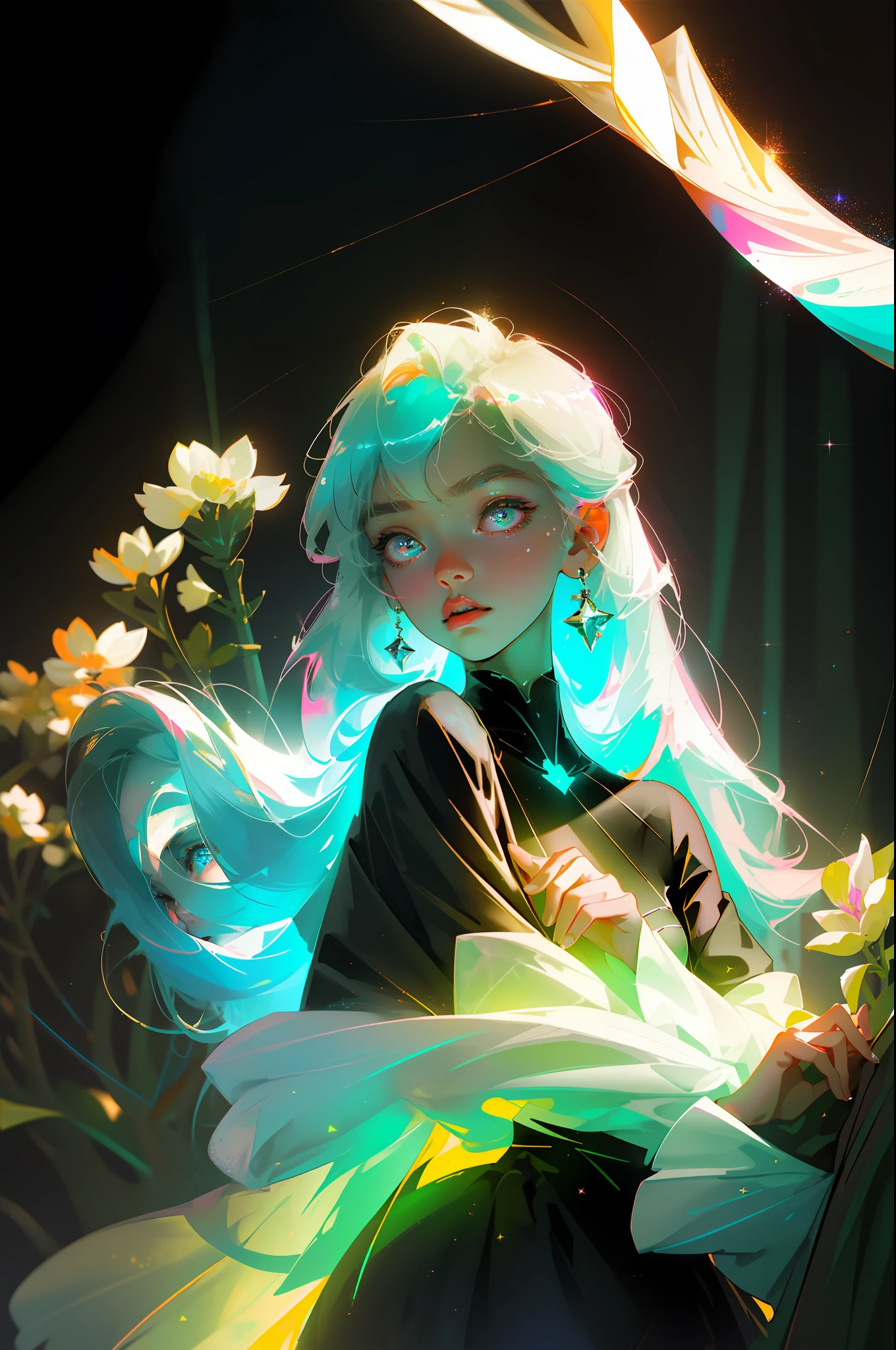 Masterpiece, best quality, super high resolution, fluorescent color,
1 girl, looking at the audience, beautiful face, beautiful eyes, (off-the-shoulder: 1.2), head up, upper body, forest, shiny hair, shiny skin, glowing cut, chibi, finger scale coordination, black starlight dress, particles