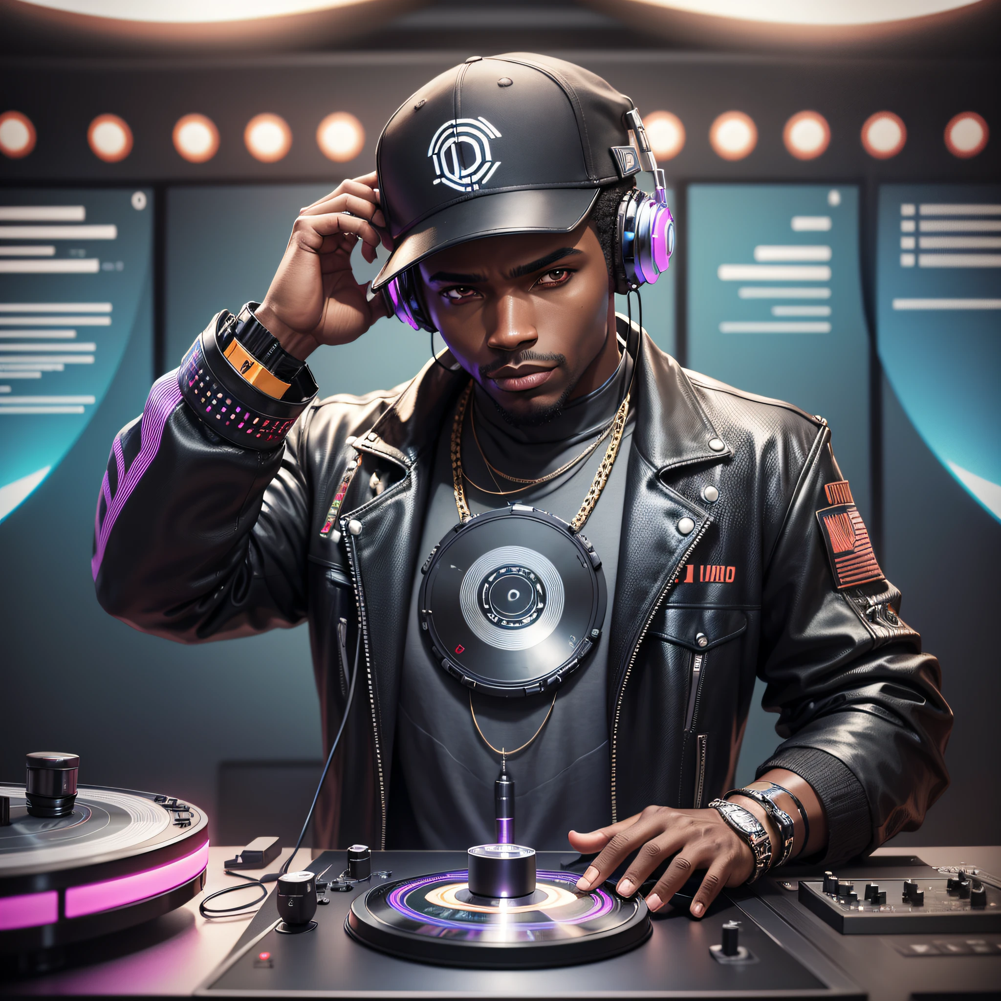 a black male DJ wearing a vinyl record player on a science fiction DJ table with cybernetic augmentation of the highly detailed futurist on a stage table wearing two-sided listening headset DJ black man in futuristic outfit with black face with serious rosoto wearing cap on head --auto --s2