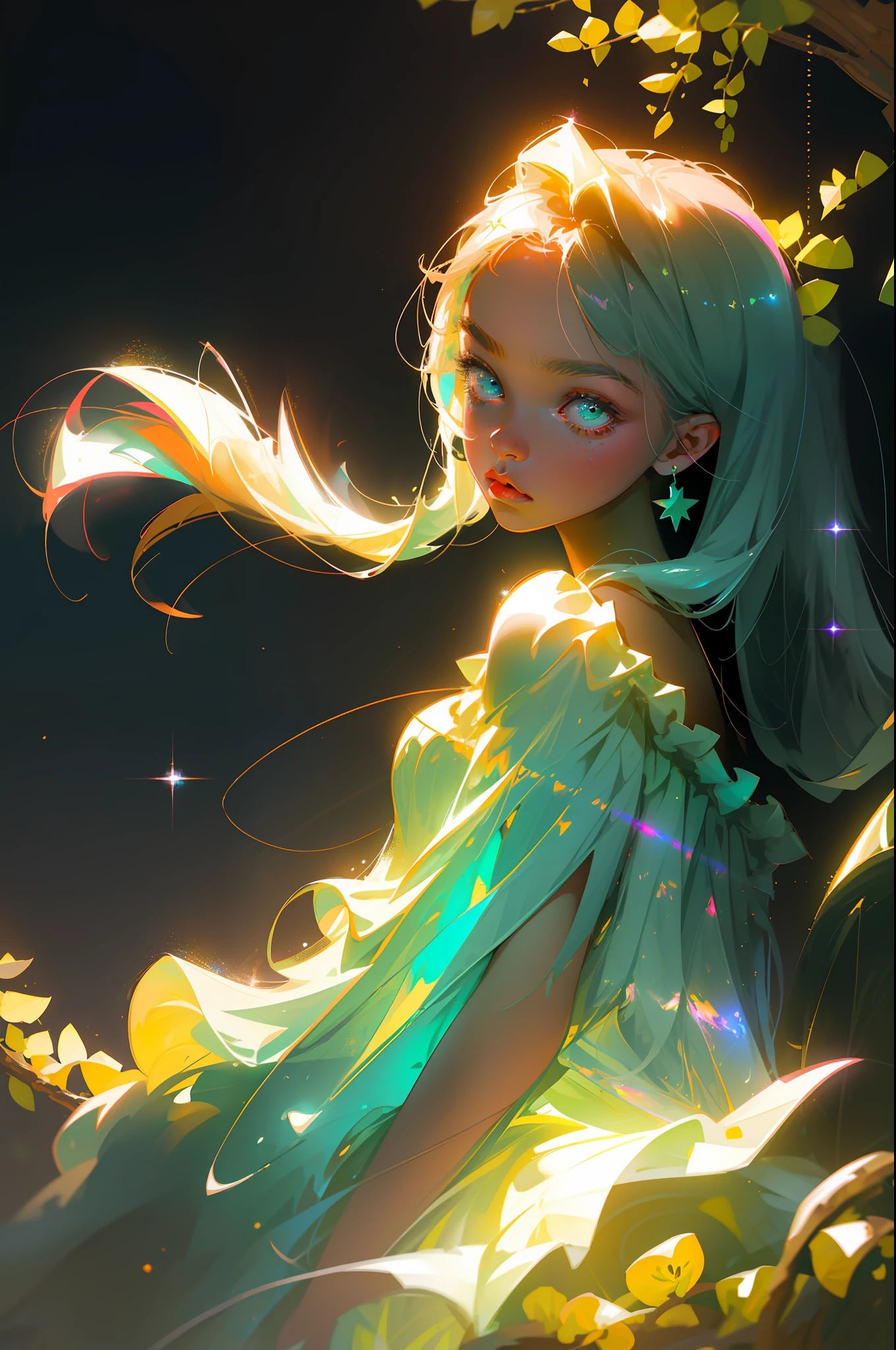 Masterpiece, best quality, super high resolution, fluorescent color,
1 girl, looking at the audience, beautiful face, beautiful eyes, (off-the-shoulder: 1.2), head up, upper body, forest, shiny hair, shiny skin, glowing cut, chibi, finger scale coordination, black starlight dress, particles
