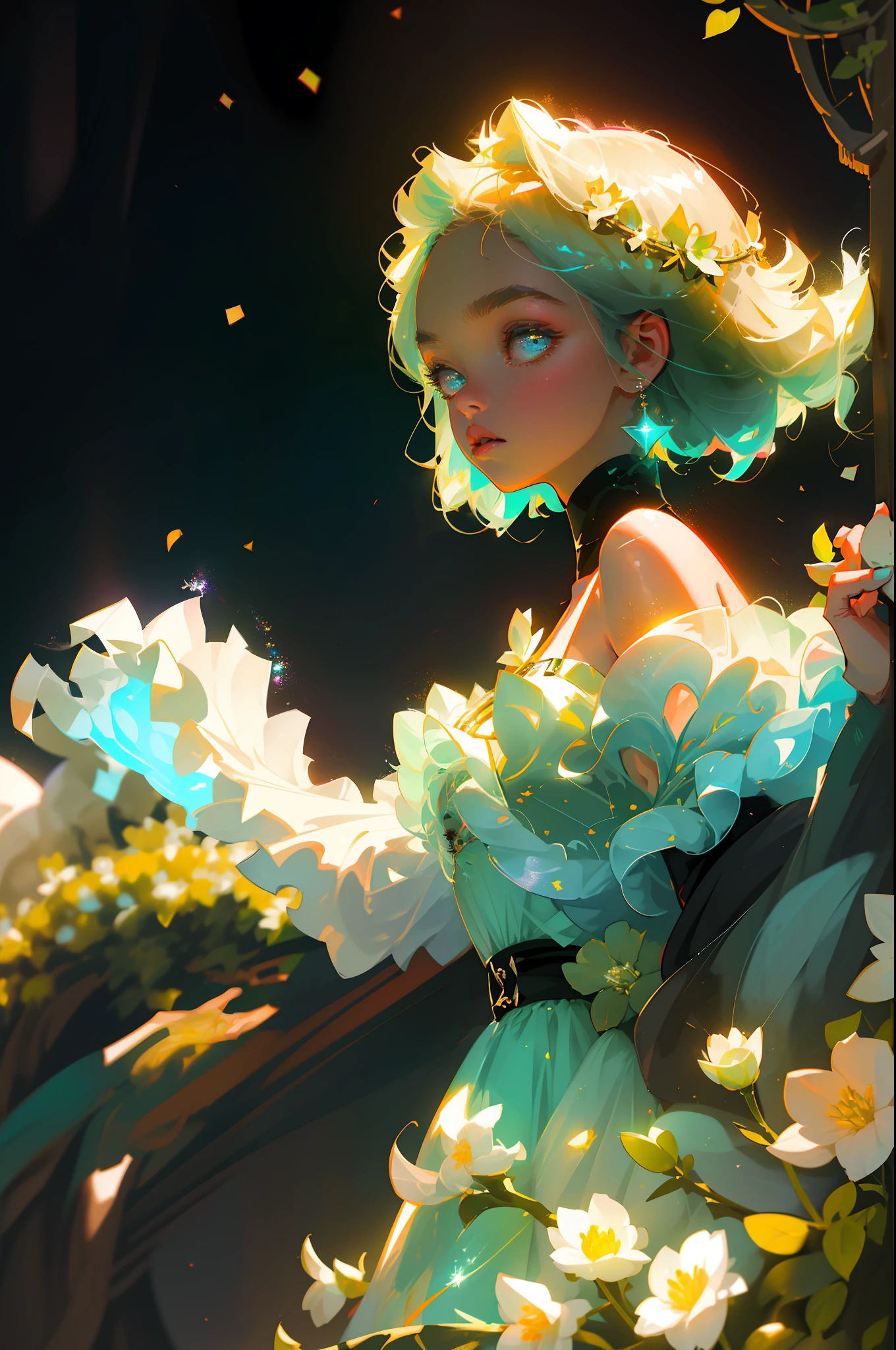 Masterpiece, best quality, super high resolution, fluorescent color,
1 girl, looking at the audience, beautiful face, beautiful eyes, (off-the-shoulder: 1.2), head up, upper body, forest, shiny hair, shiny skin, glowing cut, chibi, finger scale coordination, black starlight dress, particles