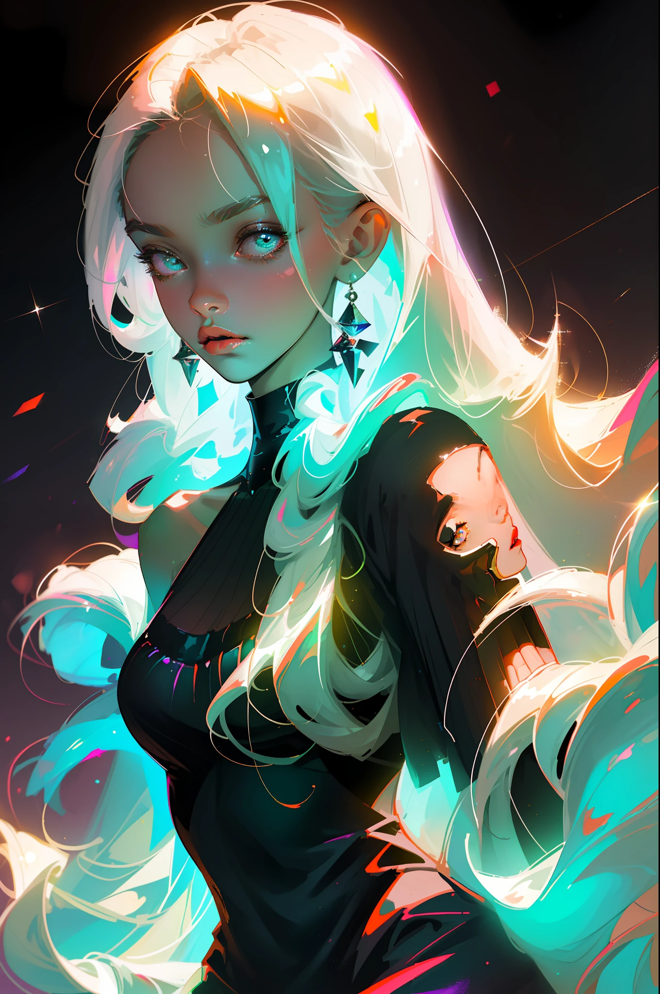 Masterpiece, best quality, super high resolution, fluorescent color,
1 girl, looking at the audience, beautiful face, beautiful eyes, (off-the-shoulder: 1.2), head up, upper body, forest, shiny hair, shiny skin, glowing cut, chibi, finger scale coordination, black starlight dress, particles