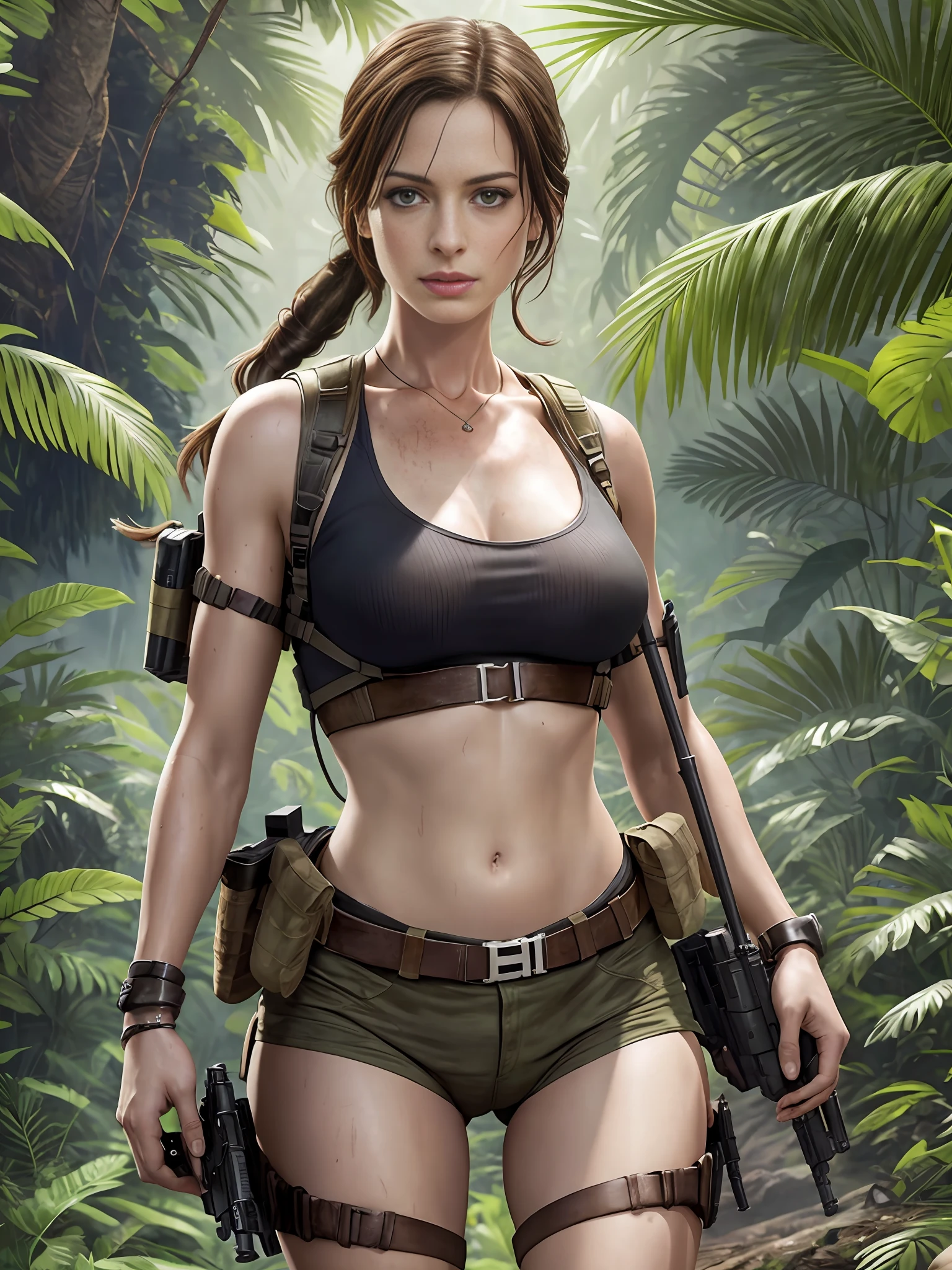 UHD, realistic:1.5, Anne Hathaway, 25 ans, en tenue de Lara Croft, dans la jungle