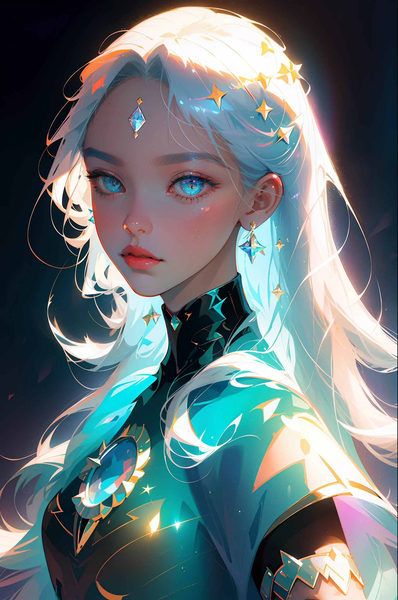 The perfect masterpiece,Highest quality,Perfect artwork,8K,
Upper Body Lens,(front portrait:1.5),Delicate face,Face Close-up,
Mermaid Girl,Bizarre glowing transparent eyes,Magical transparent eyes,Star Eyes,white hair,Holographic Phantom Background,
Digital Art,plane illustrations,colorful illustration,minimalist style,