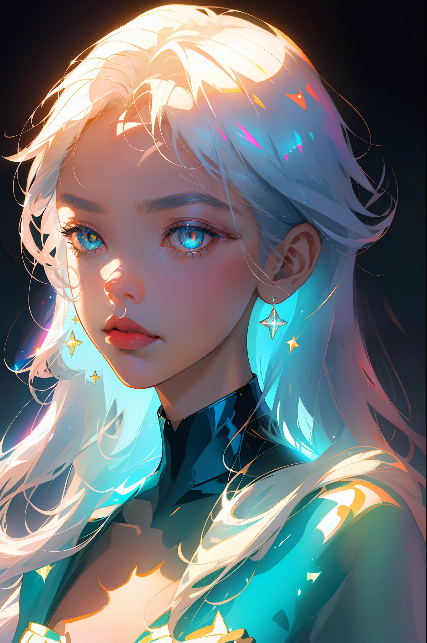 The perfect masterpiece,Highest quality,Perfect artwork,8K,
Upper Body Lens,(front portrait:1.5),Delicate face,Face Close-up,
Mermaid Girl,Bizarre glowing transparent eyes,Magical transparent eyes,Star Eyes,white hair,Holographic Phantom Background,
Digital Art,plane illustrations,colorful illustration,minimalist style,