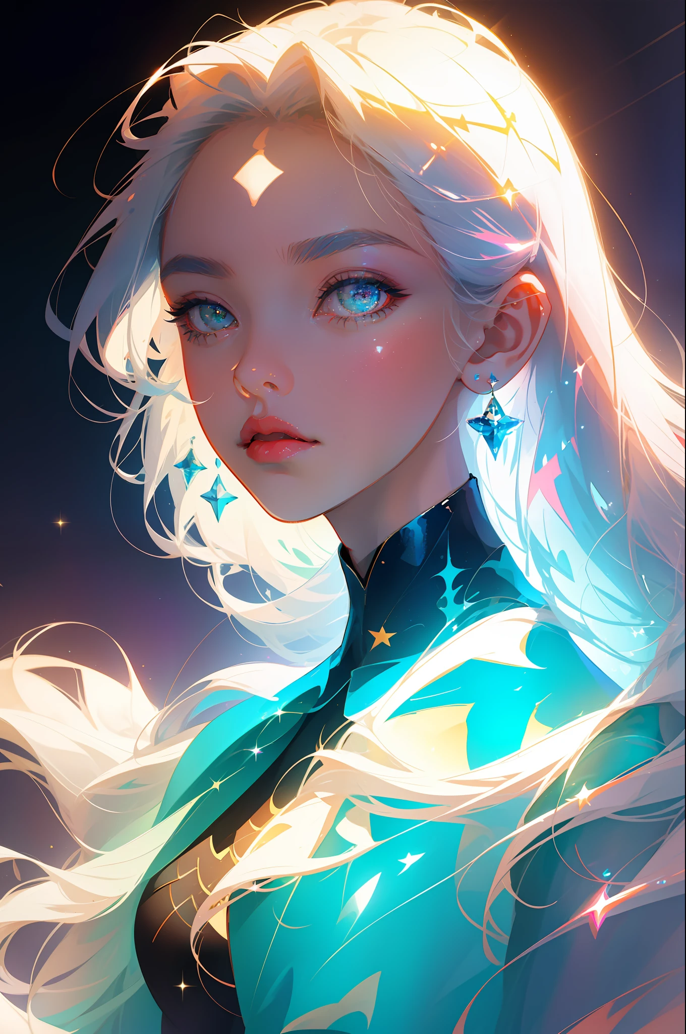The perfect masterpiece,Highest quality,Perfect artwork,8K,
Upper Body Lens,(front portrait:1.5),Delicate face,Face Close-up,
Mermaid Girl,Bizarre glowing transparent eyes,Magical transparent eyes,Star Eyes,white hair,Holographic Phantom Background,
Digital Art,plane illustrations,colorful illustration,minimalist style,