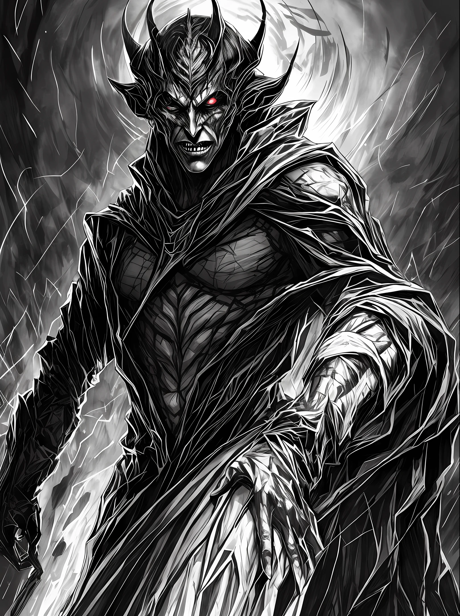 Mephisto illustration is a striking and terrifying depiction of the demonic villain. Ele surge em meio a um fundo sombrio e enegrecido, as if the darkness itself enveloped him. Sua figura imponente e sinistra se destaca, emanating an evil and menacing aura.
Mephisto is portrayed as a slender being, with pale, translucent skin, conferindo-lhe um ar sobrenatural. Seus olhos profundos brilham com uma tonalidade ardente, radiating malice and cruelty. An expression of perverse pleasure adorns his face, revelando seu prazer em causar caos e dor.
His body is wrapped in dark, tattered robes, who writhe as if they have a life of their own. Carefully crafted details underscore his demonic features, com chifres pontiagudos emergindo de sua testa, lembrando um trono para sua coroa de trevas. His long hands and sharp claws denote his cruel and lethal nature.
Uma atmosfera de energia sombria envolve Mefisto, manifestando-if through black sparks that seem to dance around you. These sparks cast a sinister luminosity over his body, further highlighting its nefarious presence. Ao seu lado, Shadows dance, as if they were waiting for his orders, prontas para realizar suas perversas vontades.
This illustration of Mephisto captures the essence of his demonic being, conveying the sense of imminent danger and absolute wickedness. It's an image that engages the viewer in its dark allure, fazendo-to question the very nature of existence and the force of evil that dwells in the universe.
