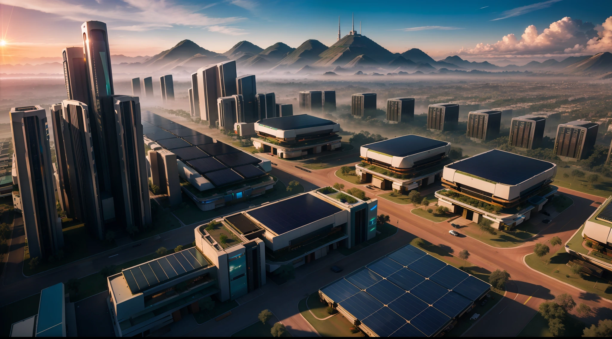 Aerial view of Solarpunk city at dawn, lots of trees, solar panels, vibrante, fotorrealista, realista, dramatic, cinematic lighting, focus sharp, 8k