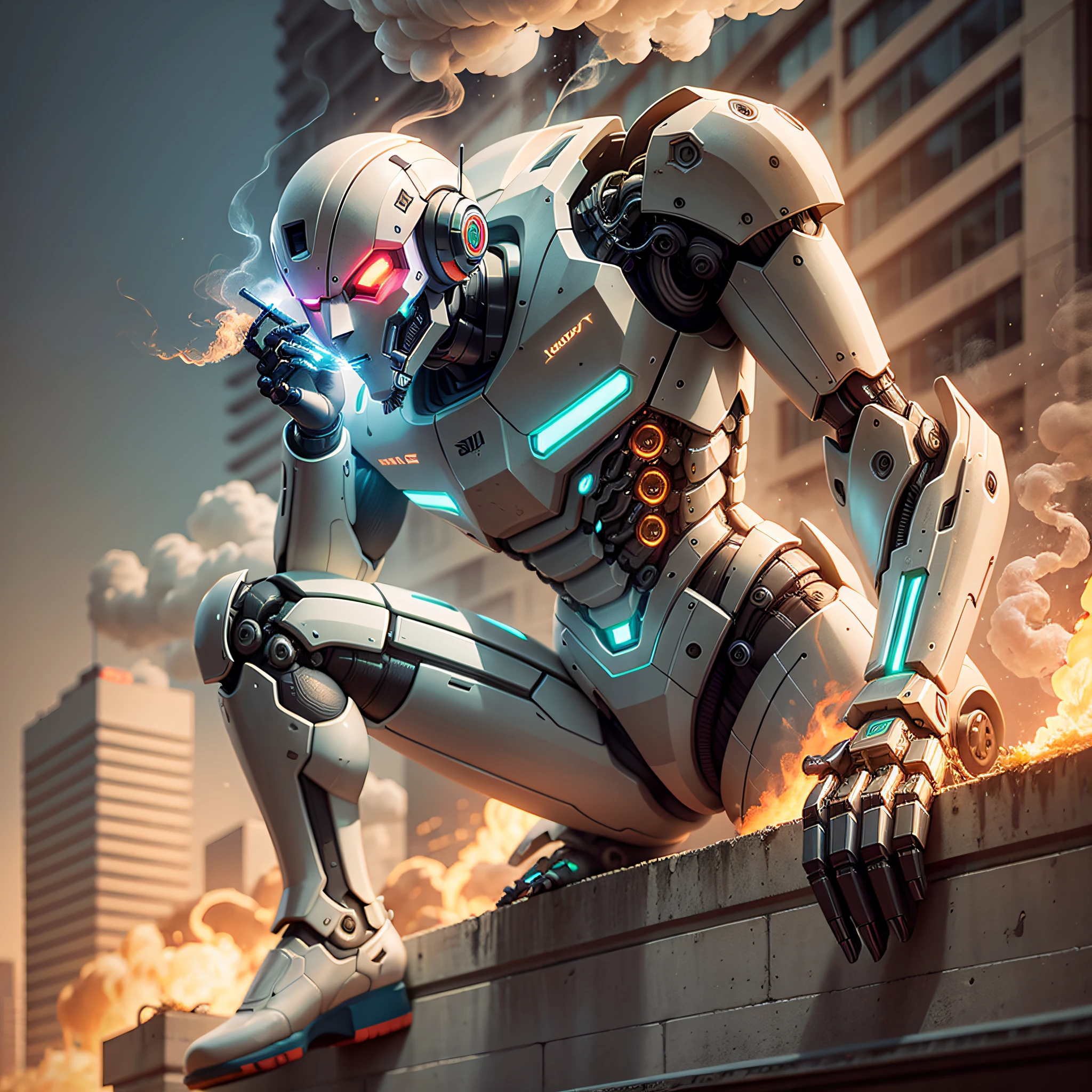 generate a detailed and realistic image of a robot in a casual position, fumando um cigarro iluminado, with traces of smoke dispersing around, em um ambiente industrial moderno e iluminado por neon. --auto --s2
