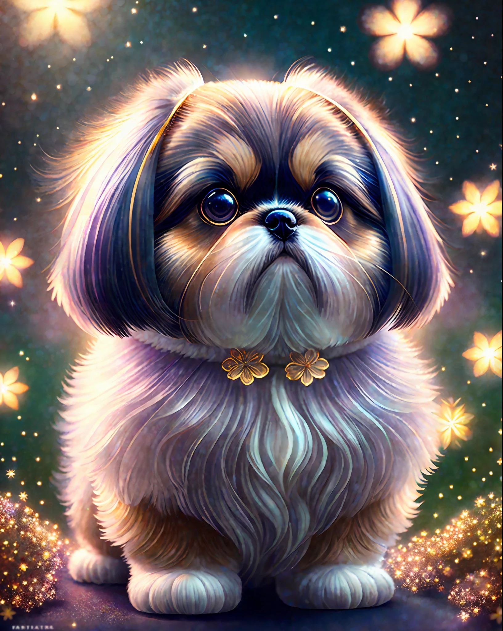 Shih-Magic Tzu, kawaii, fofo, estrelas cintilantes bodypaint, floresta sonhadora, Pintura fotorrealista, focus sharp, mulher pelada 8k, perfect composition, Trend at Artstation, fotografia premiada, motor irreal 5, cinematic smooth, detalhe intrincado