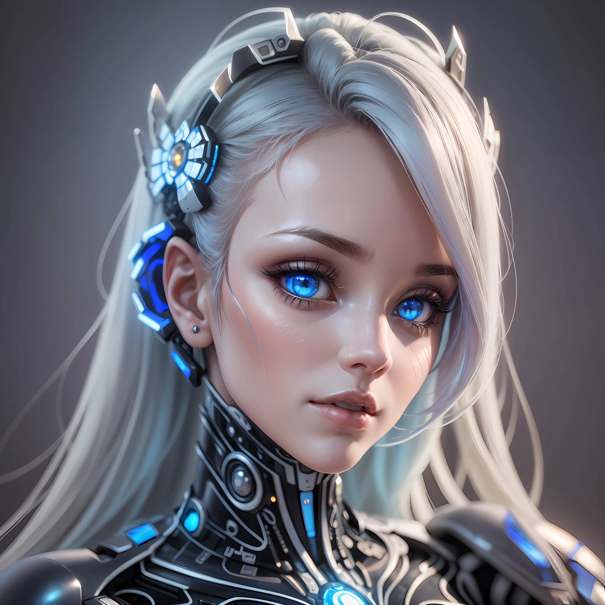 Ultra detailed complex 3D rendering of a gorgeous porcelain profile Perfect Android Face Robotic Body Parts, ciborgue loira, olhos azuls claros, robotic parts, 150mm, Beautiful soft studio light, Anel luminoso, detalhes vibrantes, cyberpunk roupa cybernetica. de frente Inteligencia Artificial --auto --s2