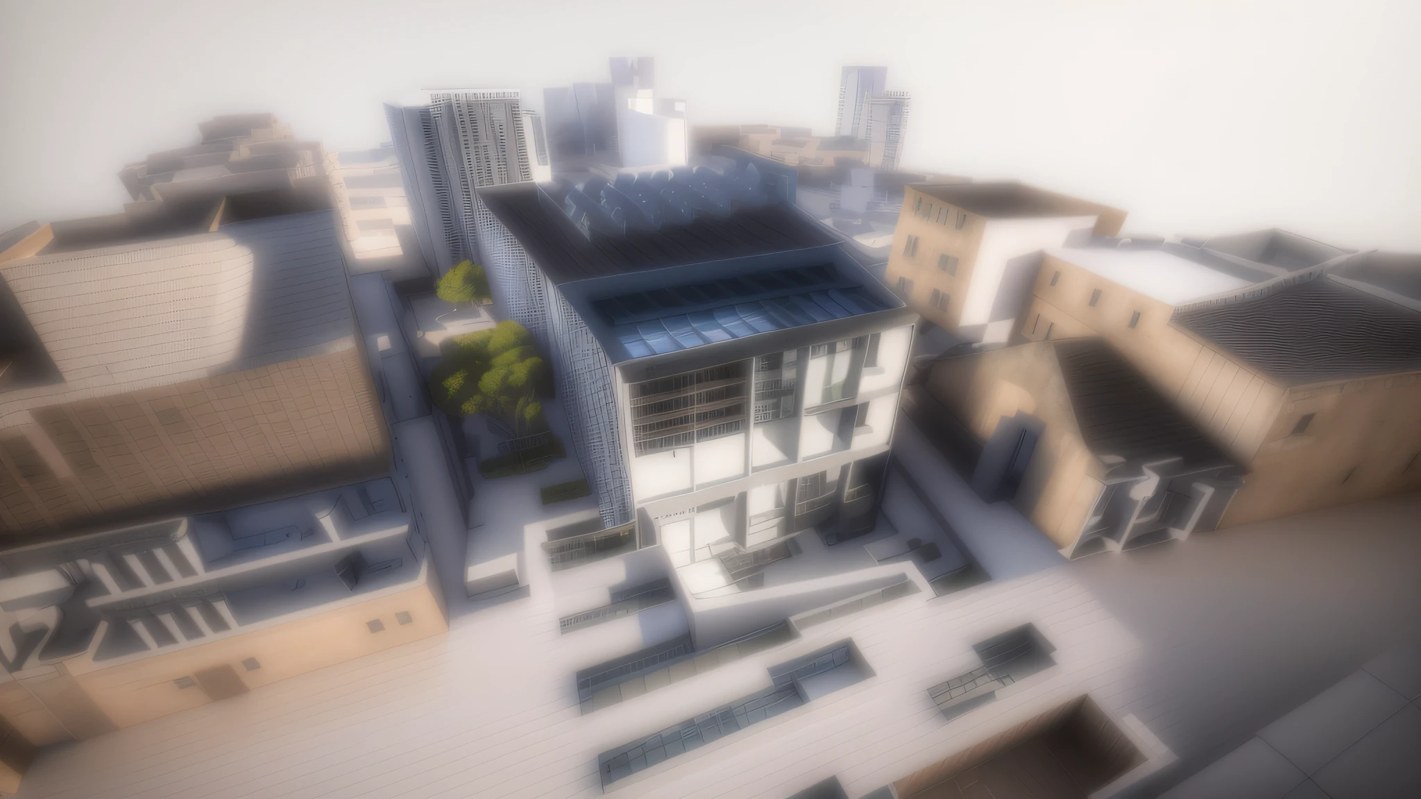 a close up of a model of a building with a lot of windows, architecture render, digital model, detailed render, 3d rendered model, detailed model, detailed archviz render, mid-view, architectural visualisation, architectural render, inspired by David Chipperfield, vue render, complex 3 d render, complex 3d render, rendered 3d model, final render. Advanced rendering image with low saturation, a white and gray color palette. Trees are in desaturated green. The surrounding houses are monotonous. The central house is more elaborate. Add a touch of light-colored sky.