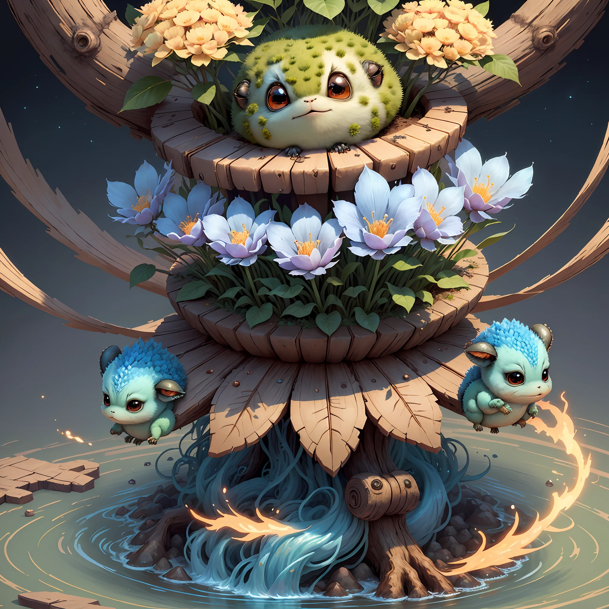 (extremely cute and delicate CG illustration, ultra-detailed and ultra-high quality), best illumination, best shadow, an extremely cute and adorable cu73cre4ture (agama), with big round eyes and a small cute mouth, small horns on its head, vibrant and vivid colors, dynamic angle, dynamic pose, floating, in a magical and enchanting place, with lush vegetation and vibrant flowers.
