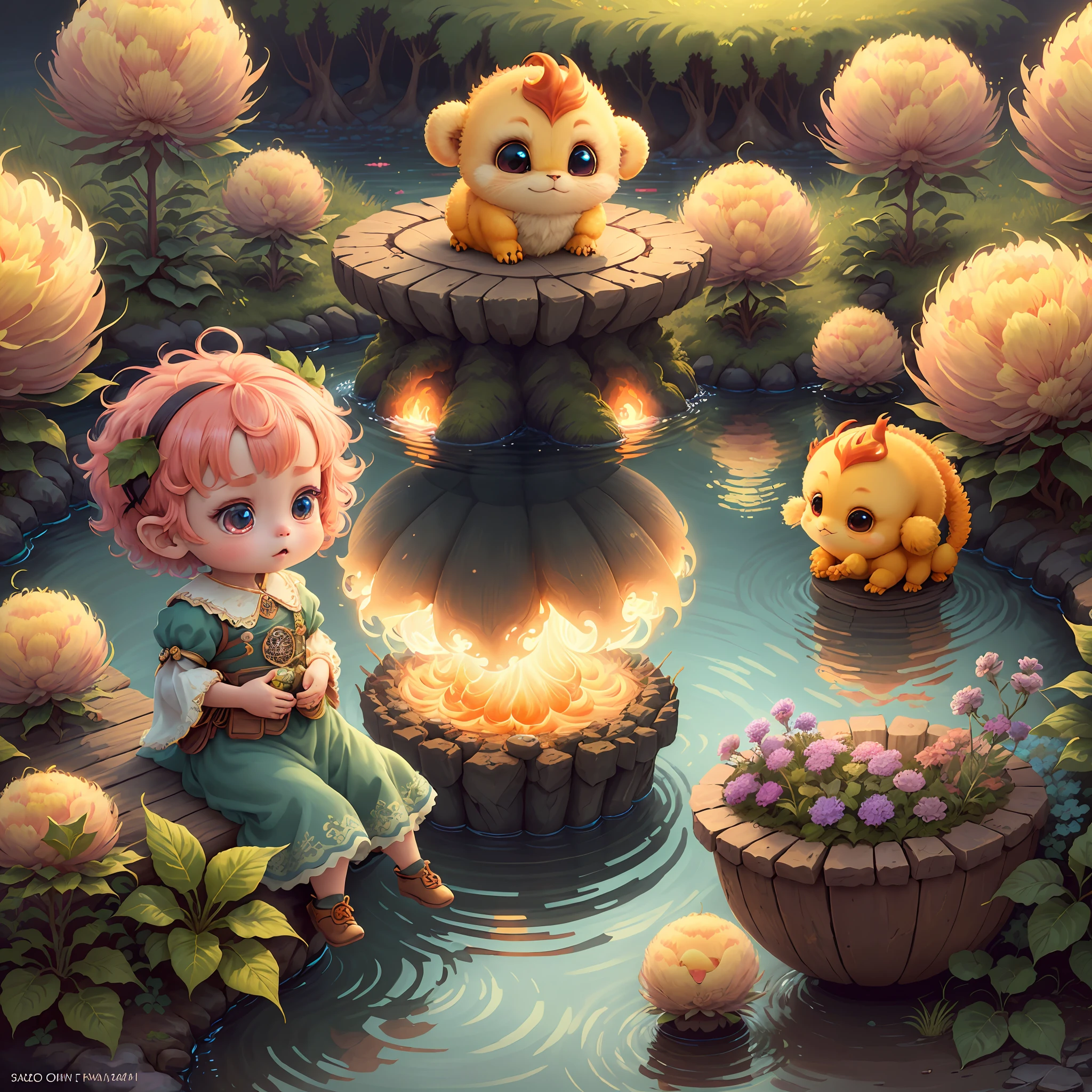 (extremely cute and delicate CG illustration, ultra-detailed and ultra-high quality), best illumination, best shadow, an extremely cute and adorable cu73cre4ture (agama), with big round eyes and a small cute mouth, small horns on its head, vibrant and vivid colors, dynamic angle, dynamic pose, floating, in a magical and enchanting place, with lush vegetation and vibrant flowers.