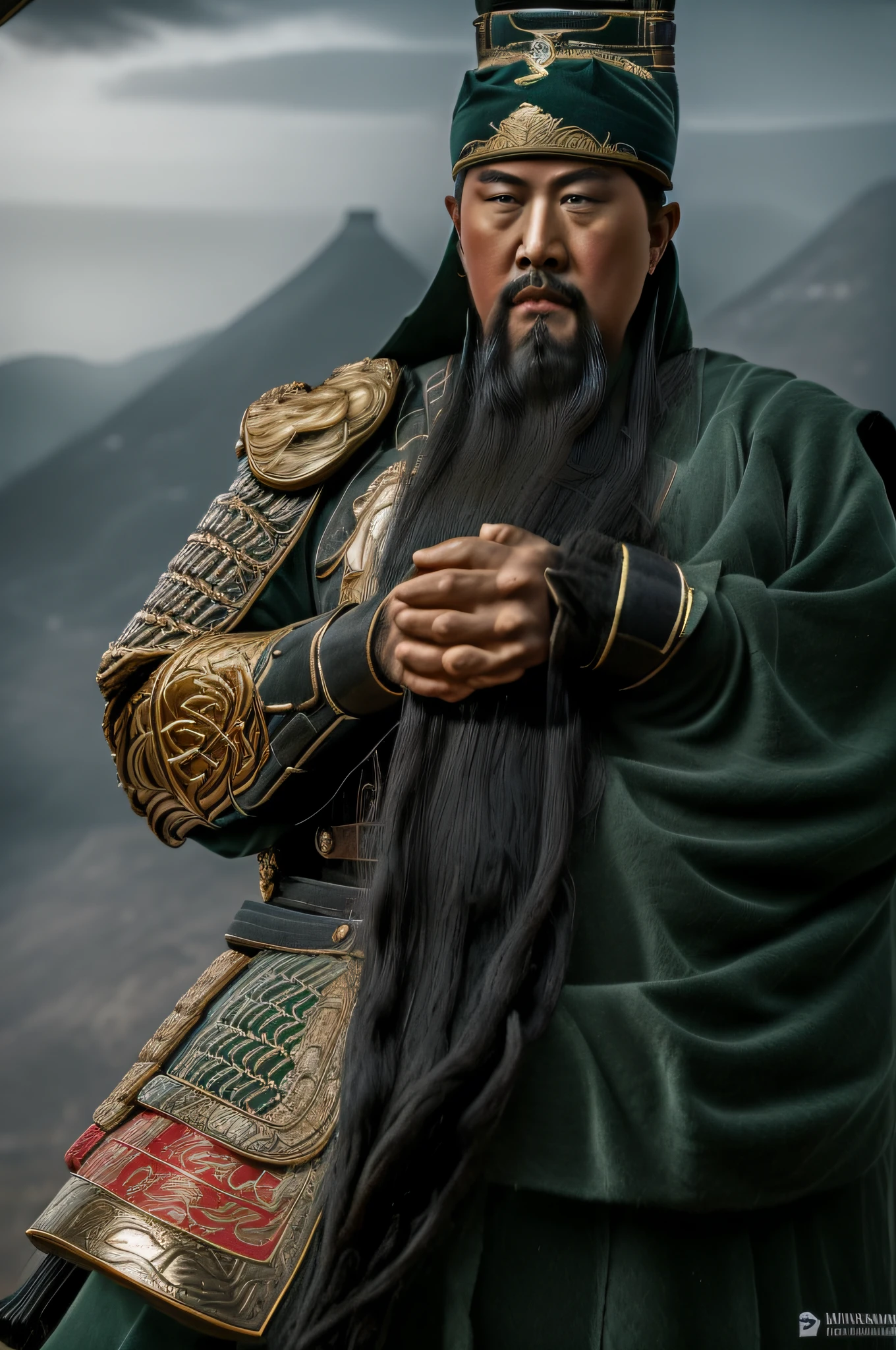 The whole body, including the crown of the head, is in the picture, (green clothes, fearless and intelligent face, (colored skin), (waist-length, heavy black beard): 1.2), (clothes of the Three Kingdoms era: 1.2), long pants, (insanely detailed, bloom: 1.5), (best quality, photo, 4K), (photo: 1.2), (high sharpness), (detailed pupil: 1.1), (photo: 1.1), detailed face and eyes, Masterpiece, Top Quality, (HD Photo:1.1), 8k, Photorealistic, (Black Hair Color), (pureerosface_v1:0.2), [:(More Face:1.2):0.2], Sharp, Real, Real Shadow, (Chinese Castle Background: 1.2), Guan Yu alone.