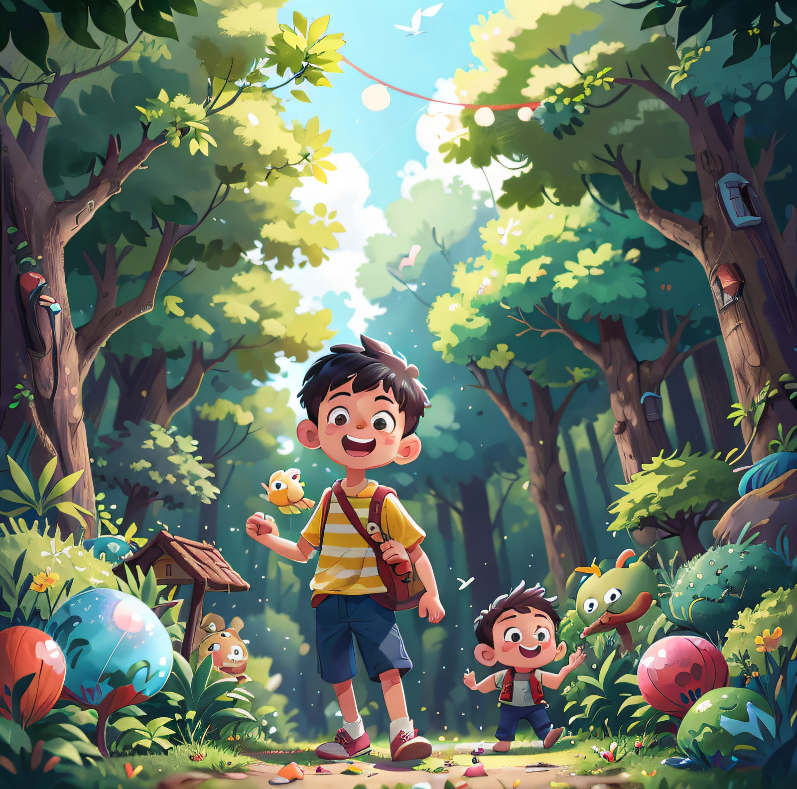 A boy、woods、Ready to explore、Many balloons、More and wild birds、a smiling look、happiness、perfect quality、Clear focus (Clutter Home:0.8)、(MASTERPIECE:1.2) (lifelike:1.2) (bokeh) (maximum quality) (detailed skins:1.3) (Complex Detail) (8K) (Eye for detail) (SHARP FOCUS), (happiness)