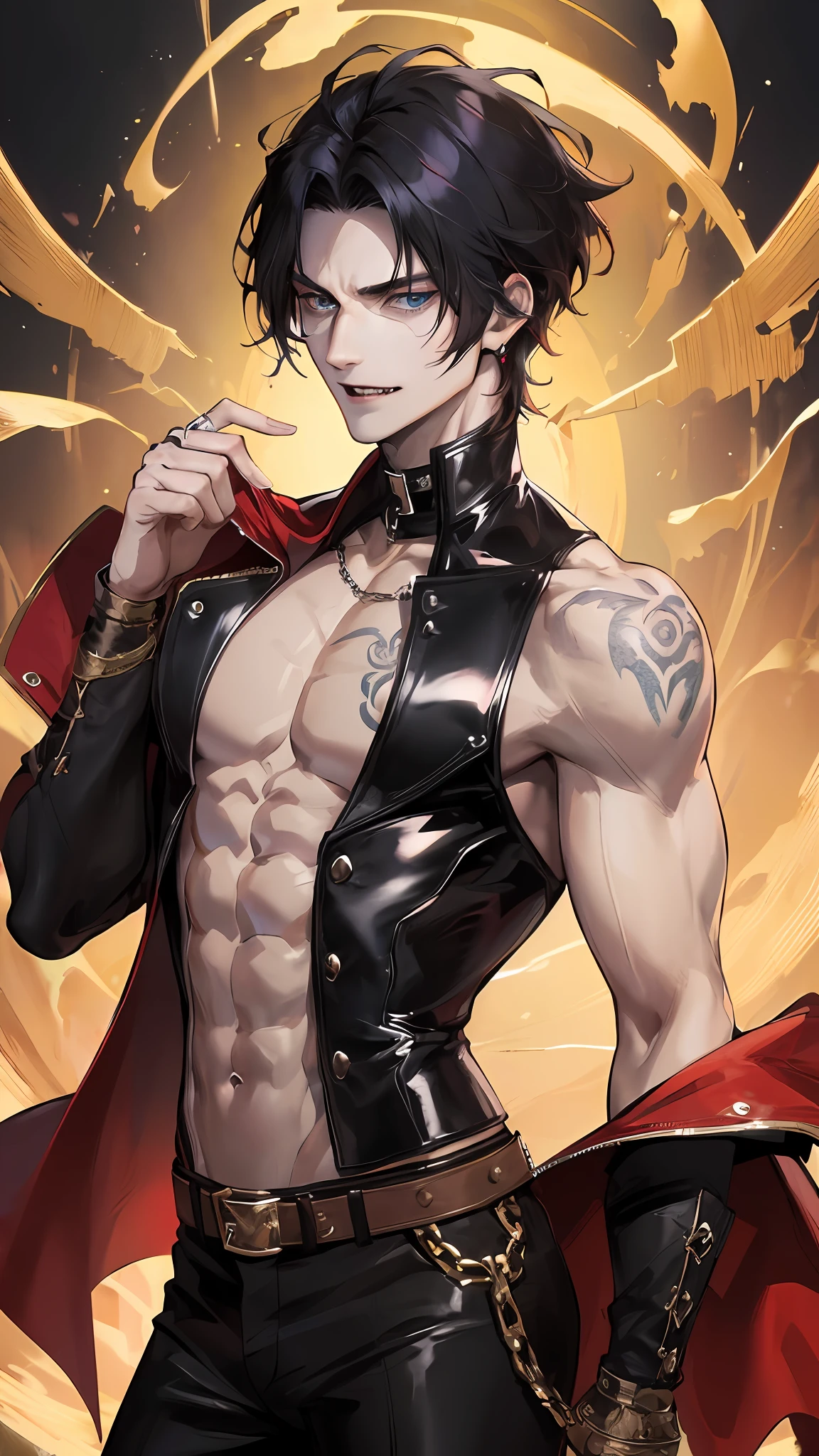 man, vampire, masculine, masculine face, attractive, muscular, ((1man)), masterpiece, absurdres, best quality ,intricate details , (shiny skin, shiny body, shiny oily luster skin, shiny hair, pale skintone), old castle, Sundown, attractive, ((muscular)), adult, one, tattoo in his chest ,black blouse, earrings, black pants, Don't look at the view , Not looking at the view, red short hair, perfect detailed face, perfect detailed hands, vampire fangs, blue eyes