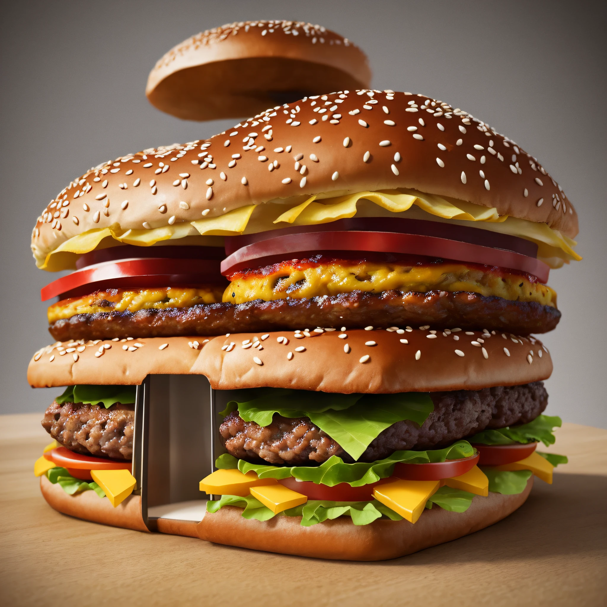 "Handmade burger with McDonalds-style illustrations from the 70s, em um universo cartunesco e vintage, with influences from the great pop icons in Unreal Engine style 3D modeling. Adicione um to