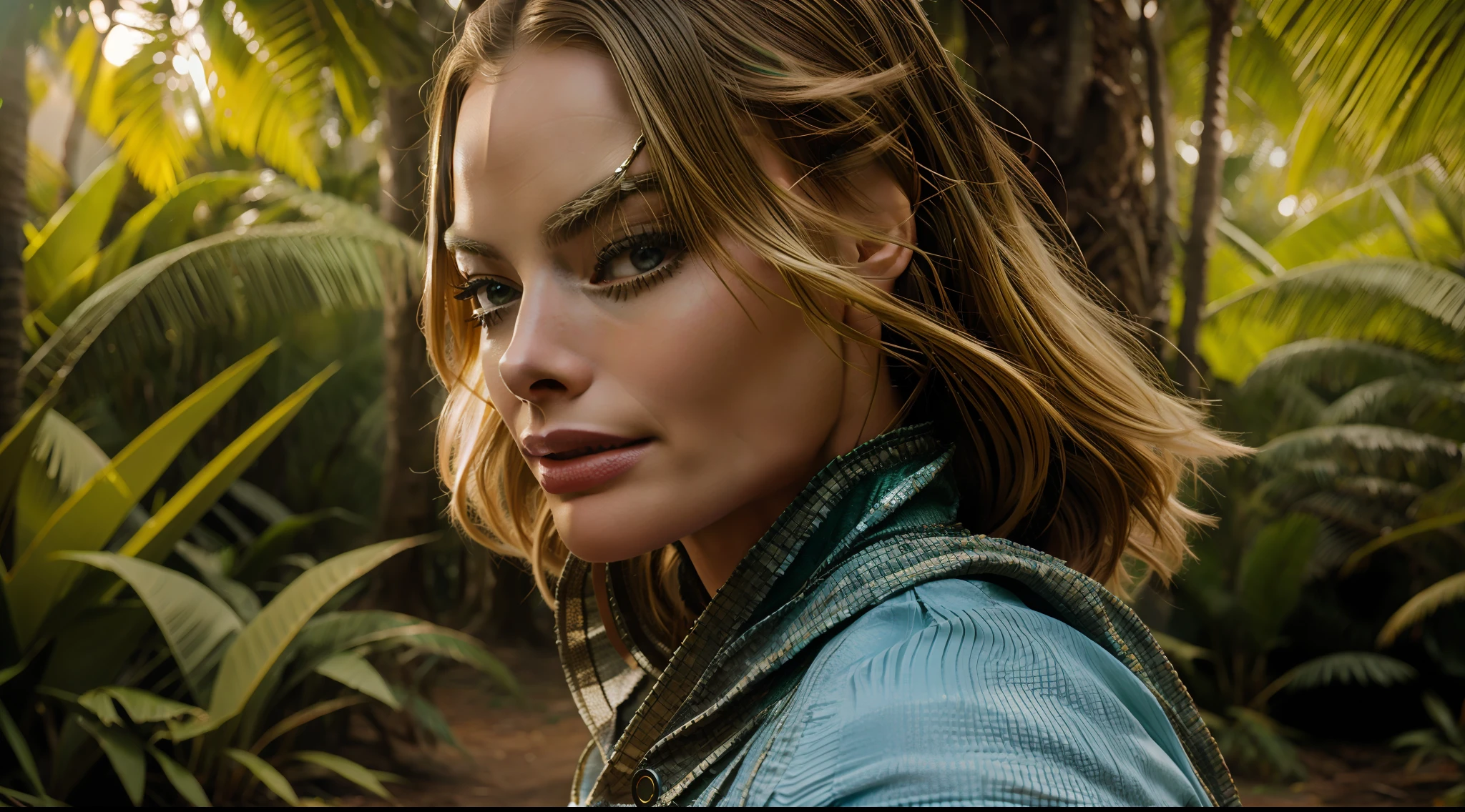 rua movimentada, close up Margot Robbie, vestida com roupa colorida, solarpunk, lots of trees, vibrantes, fotorrealistas, realistas, Dramatic, escuras, focus sharp, 8k