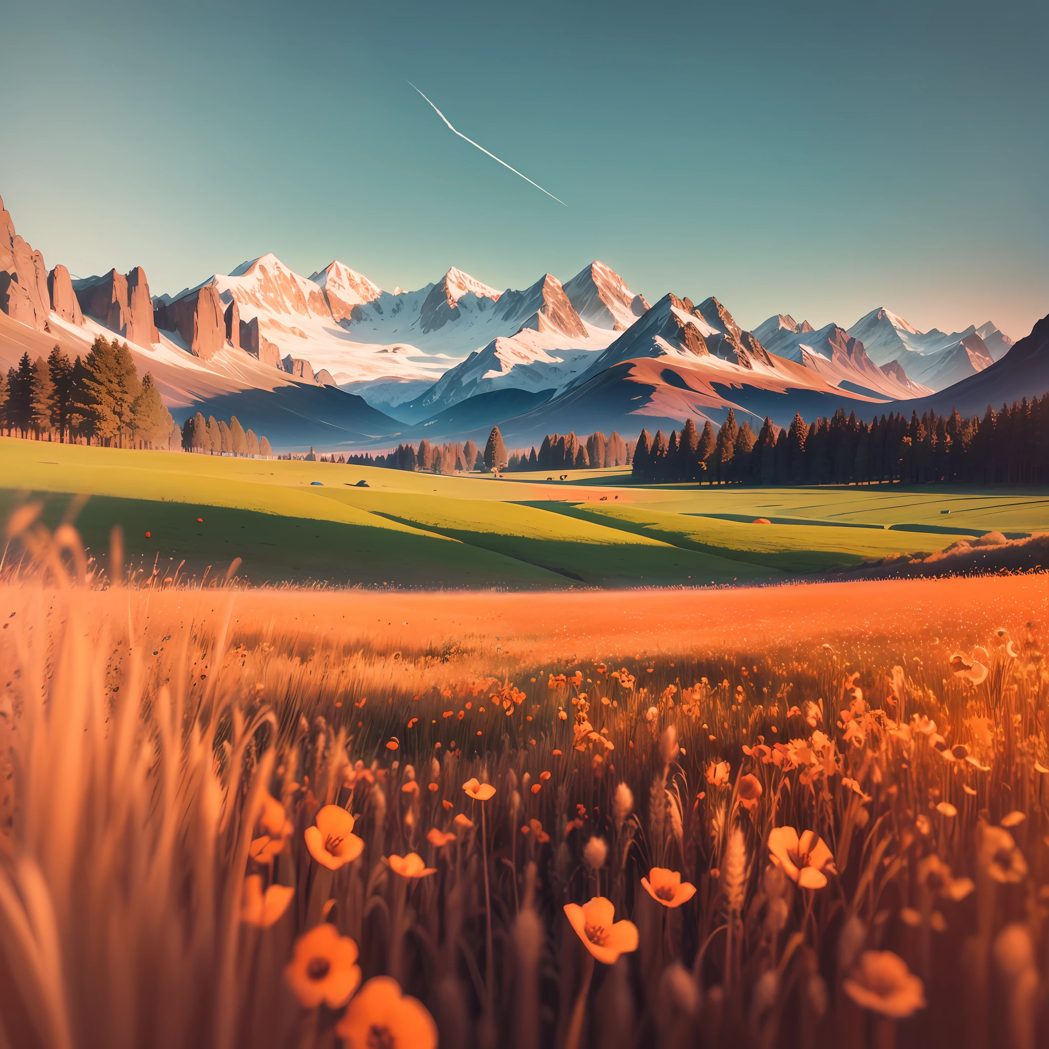 Wheat and poppy meadow surrounded by high mountains. (high quality:1.5), 8k. Fotorrealista --auto --s2