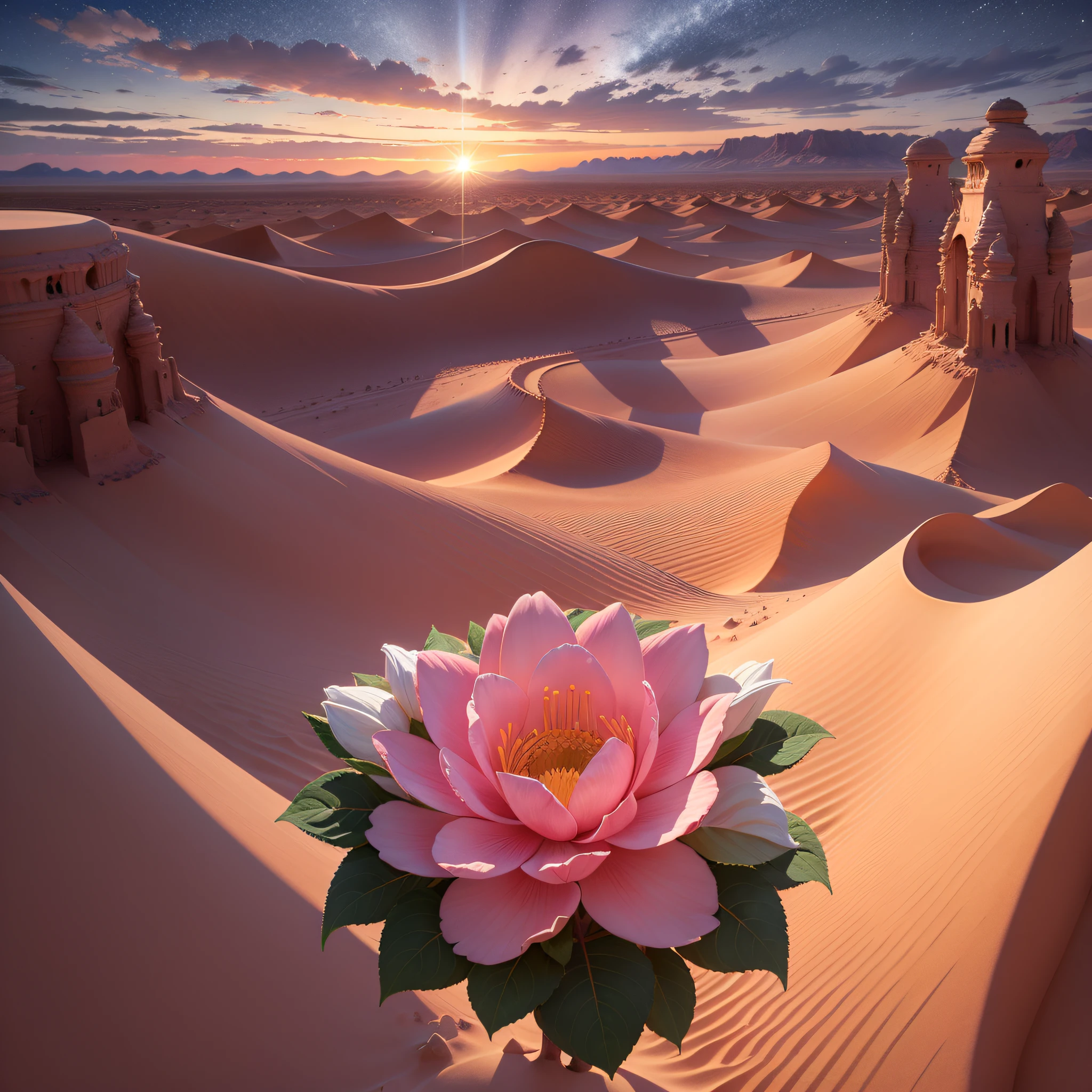 flower of light rising in the desert, with a dawn on the horizon rising in the sky --auto --s2