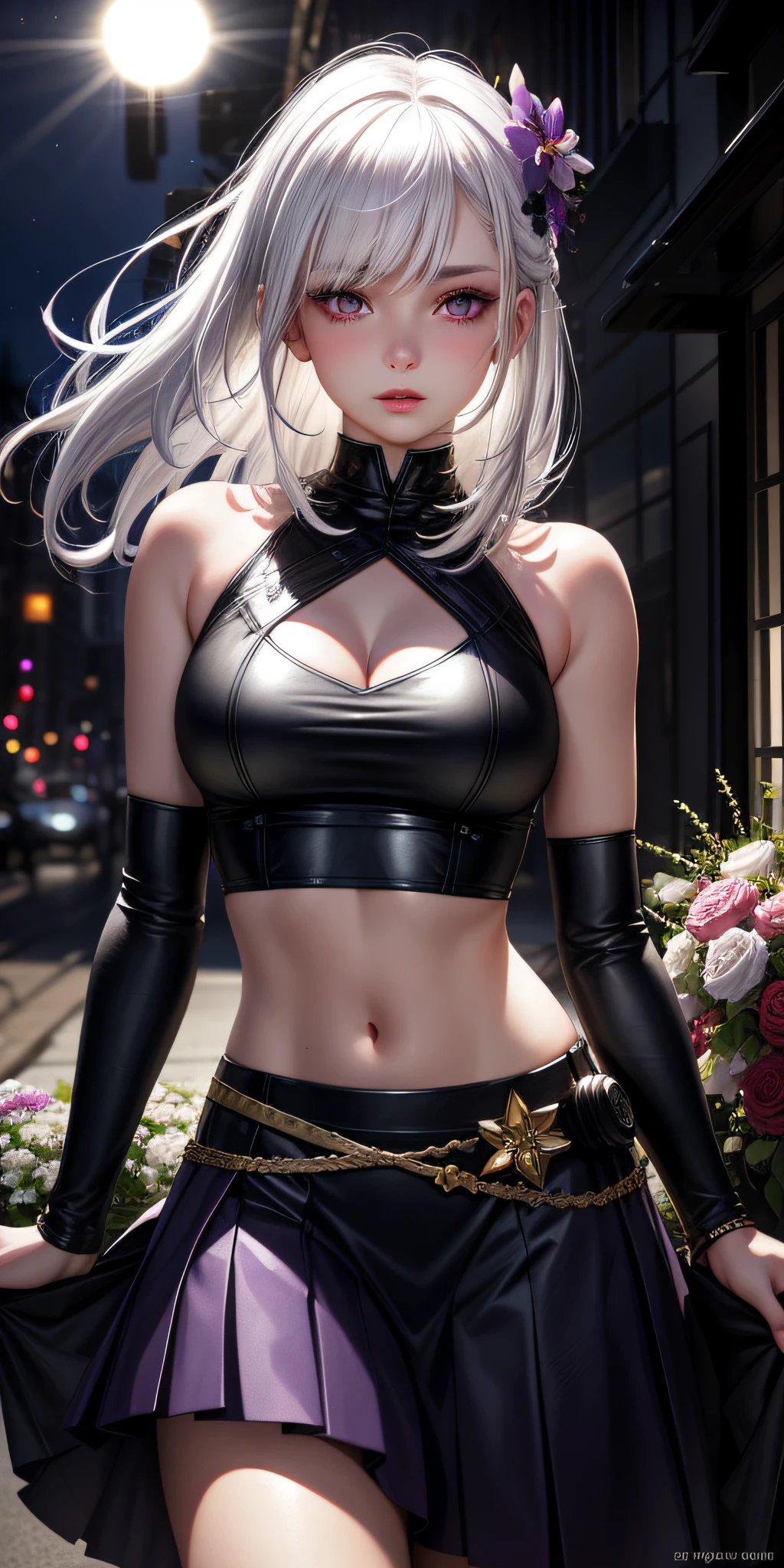 realistic, 1girl, white hair, purple eyes, glowing eyes, crop top, skirt, parted lips, blush, night, flowers, sun, sunlight,