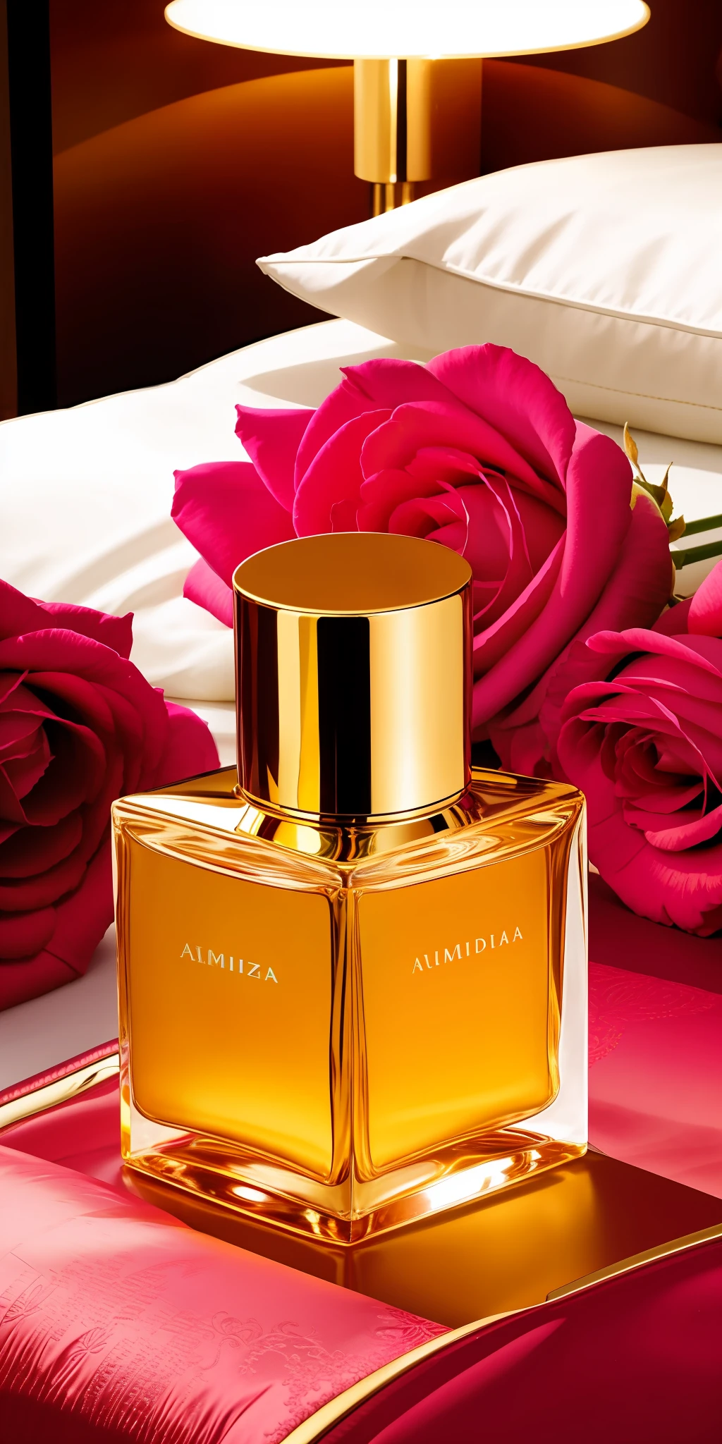 perfume sofisticado, buque de rosas vermelhar e um vestido de seda dourado sobre a cama, atmosfera elegante, romantic ambiente, em uma toalha de mesa de veludo, romantic themed