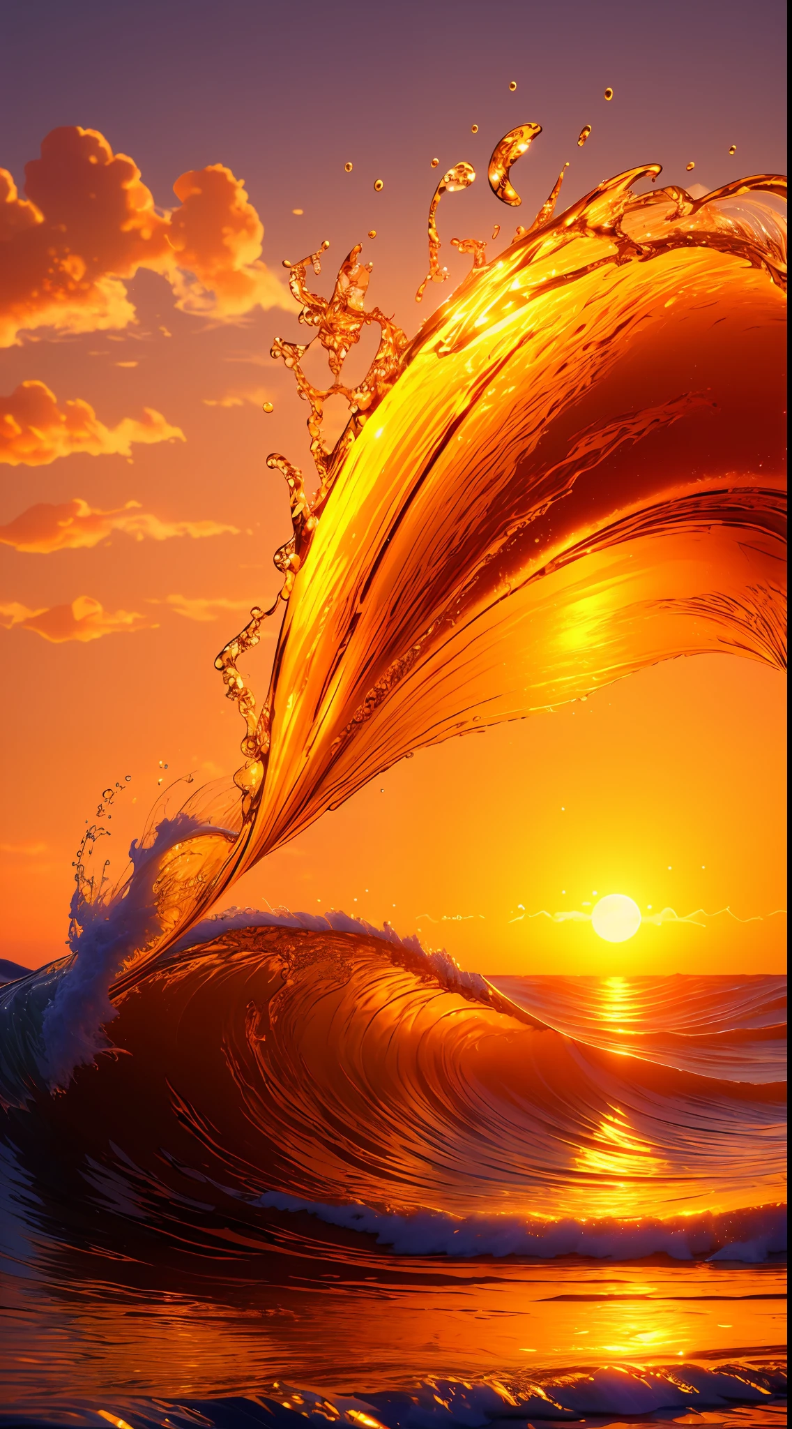 Masterpiece, best quality, (8k very detailed CG unit wallpaper) (best quality), (best illustration), (best shadows) a golden sea wave, bright orange aol sunset through the wave, golden droplets flying, (:1.6)