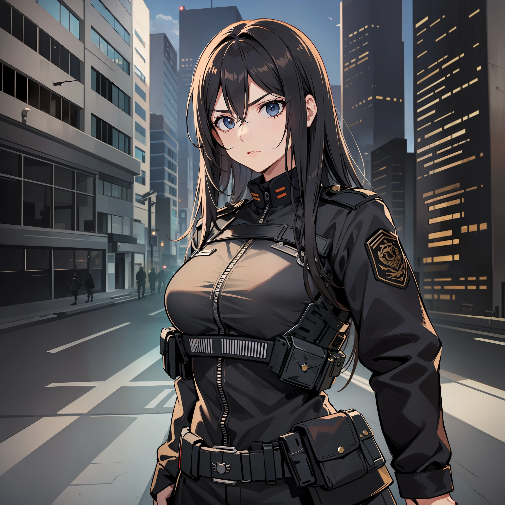 Cidade apocalipse zumbi, uma mulher, roupa militar, ((cabelo preto longo)), olhos azuis, Serious, athletic body, soldada, policia, exercito, roupa longa, ((alta qualidade)), (shadowy lighting), pose dinamica