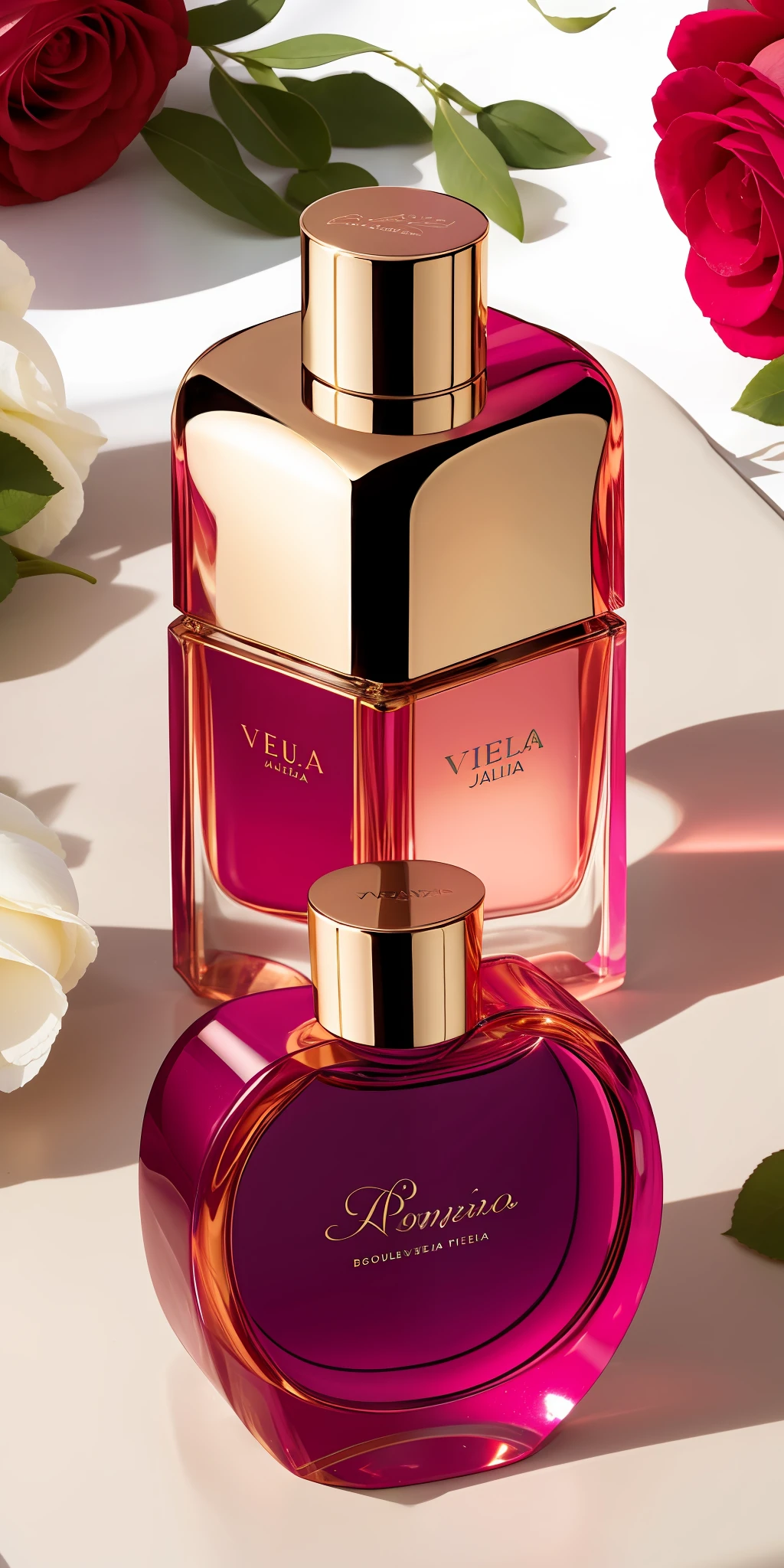 perfume sofisticado, buque de rosas vermelhar e um vestido de seda dourado sobre a cama, atmosfera elegante, romantic ambiente, em uma toalha de mesa de veludo, romantic themed