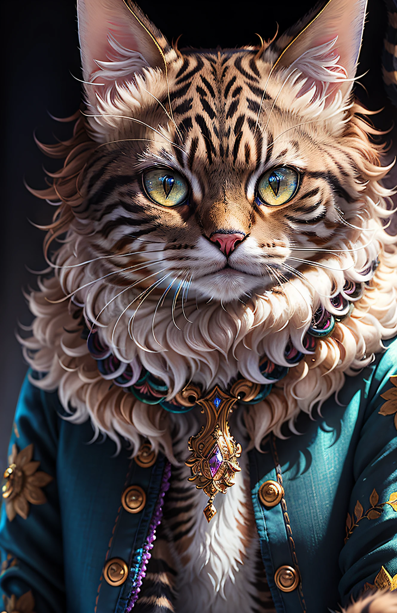((a cat in clothes)),，full shot，fluffy hair, anthropomorphic expressions, rich colors, exquisite details, masterpiece, realistic，artsation, cg, realistic, Unreal Engine , real light and shadow, beautiful rich colors, amazing details, high quality，a pair of ears