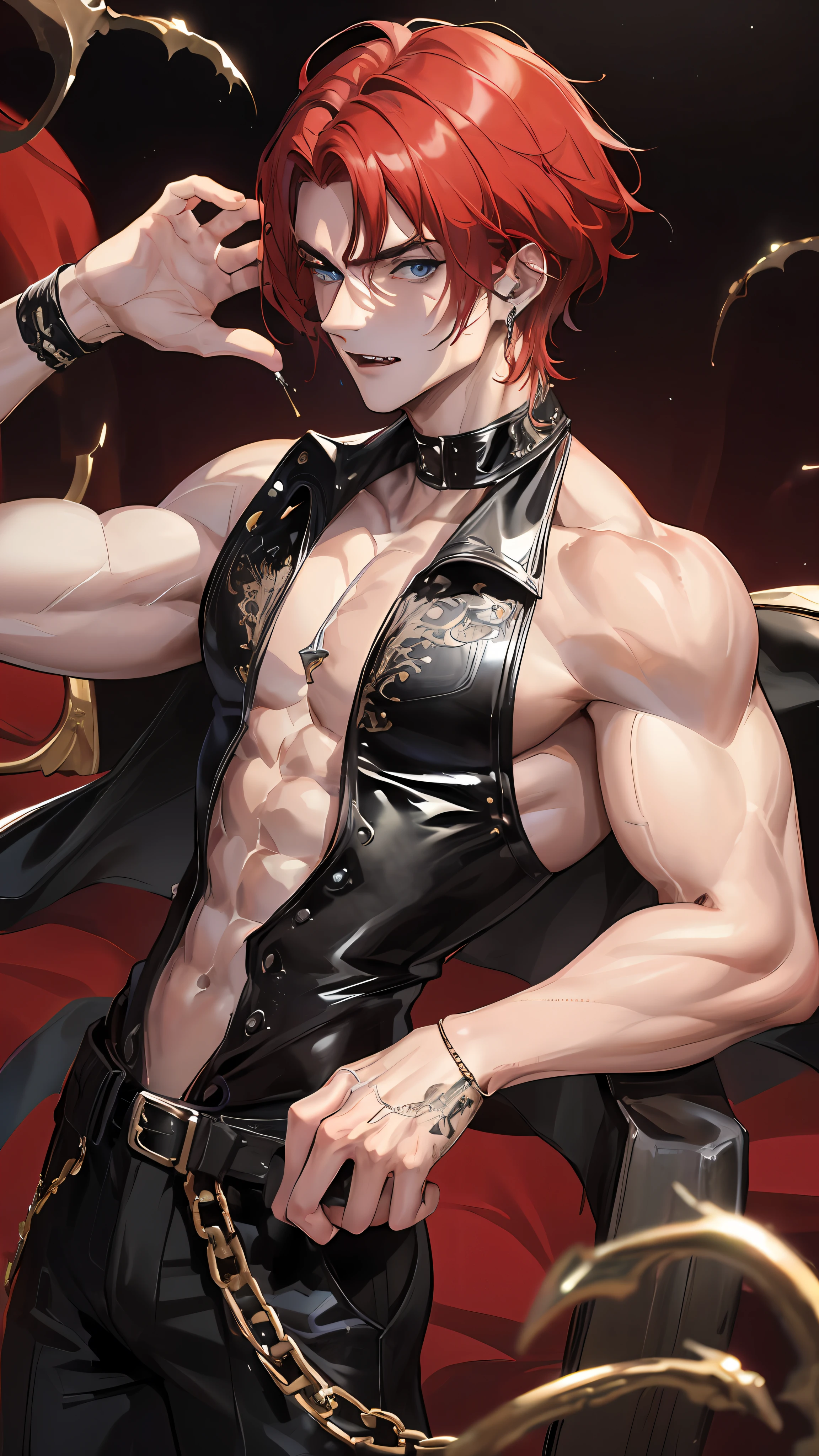 man, vampire, masculine, masculine face, attractive, muscular, ((1man)), masterpiece, absurdres, best quality ,intricate details , (shiny skin, shiny body, shiny oily luster skin, shiny hair, pale skintone), old castle, Sundown, attractive, ((muscular)), adult, one, tattoo in his chest ,black blouse, earrings, black pants, Don't look at the view , Not looking at the view, red short hair, perfect detailed face, perfect detailed hands, vampire fangs, blue eyes
