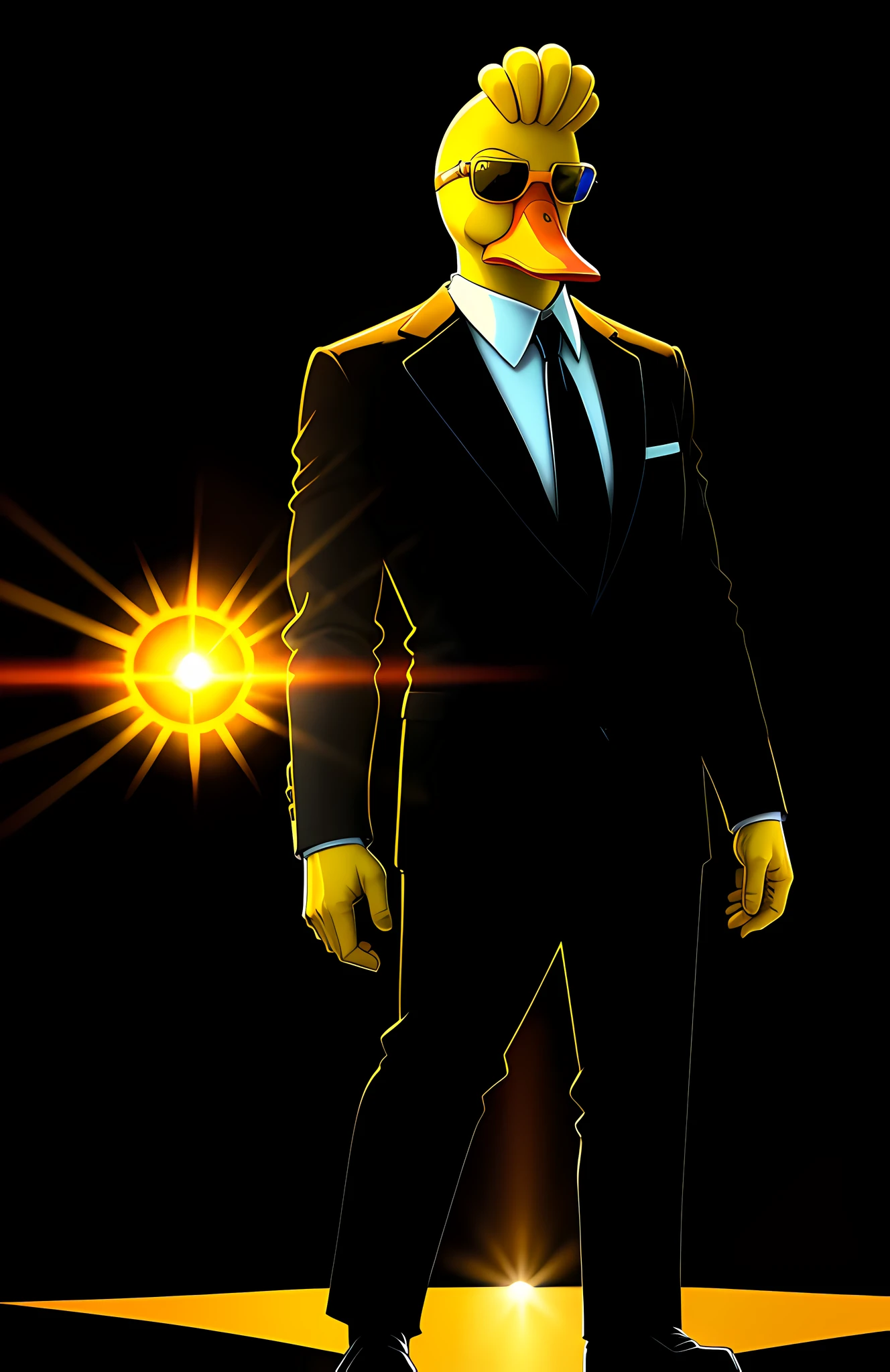 A humanoid duck in a suit and sunglasses, He is strong and carries the sun in his hand. Anime