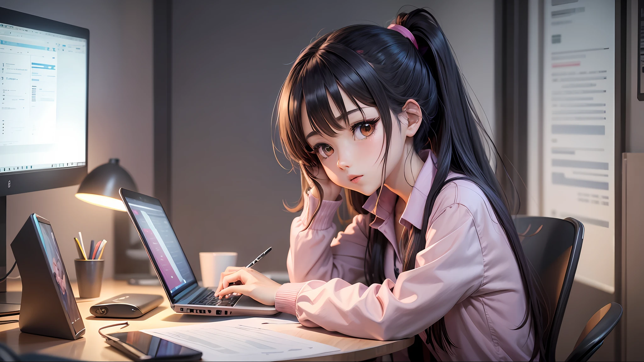 anime girl sitting at a desk with a laptop and papers, anime moe artstyle, digital anime illustration, Estilo anime 4K, Arte Digital Anime detalhada, Anime Art Wallpaper 8K, Arte Digital Anime, arte anime de alta qualidade, Anime Art Wallpaper 4K, Anime Art Wallpaper 4K, Melhor Anime 4K Konachan Wallpaper, arte digital estilo anime --auto --s2