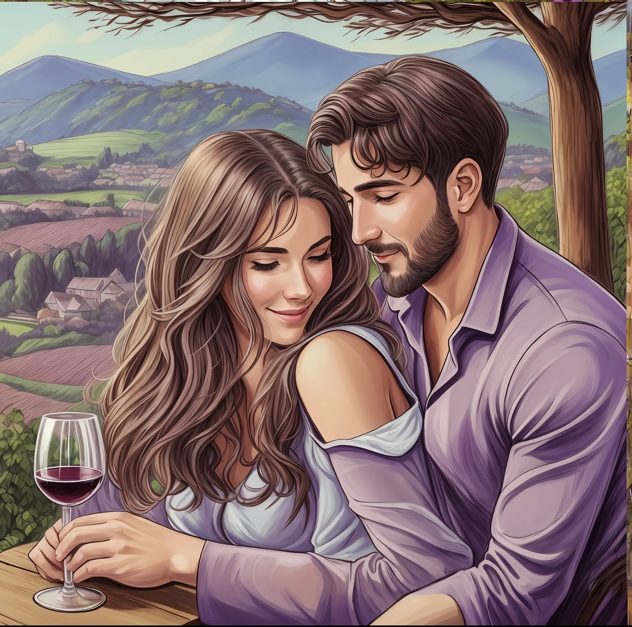 painting of a couple sitting at a table with a glass of wine, capa de romance, Direction: Hristofor Žefarović, romantic painting, arte publicada, romantic couple, art cover illustration, Direction: Adrienn Henczné Deák, Direction: Oton Iveković, retrato detalhado, cover illustration, full color illustration, arte detalhada