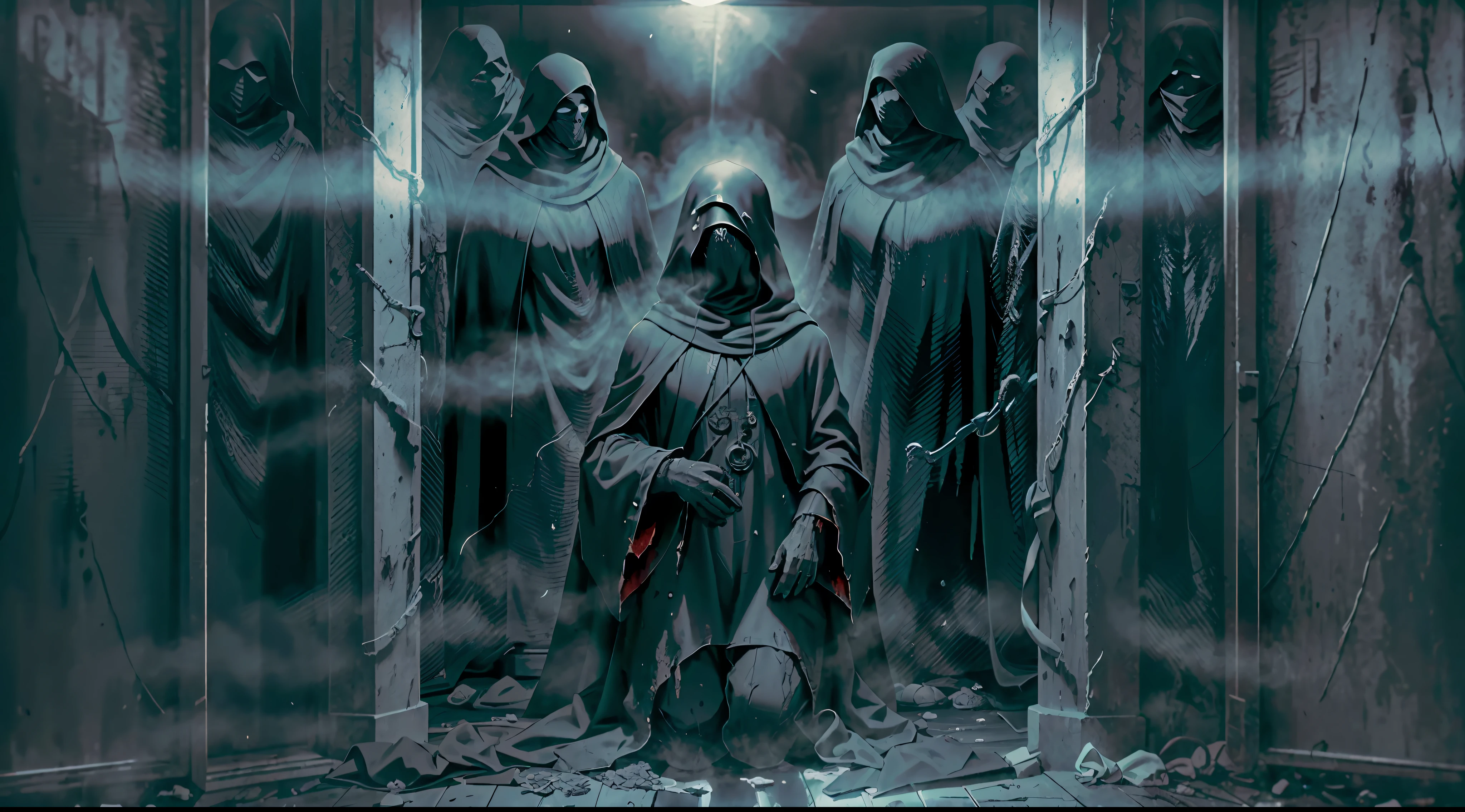 dark scene, medium shot, men cultists with black robes and white masks, no face, in a dark place, dark and gross room, horror scene, darkness, terrific, bloody, dirty, dark mood