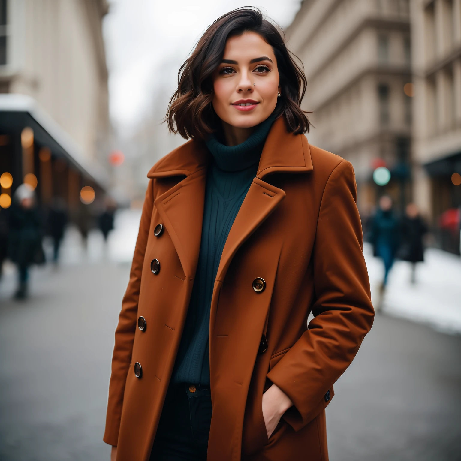 this woman stylish look, cold day, full body, woman with short wavy dark hair and brown eyes, 8k, photos taken by hasselblad + amazingly detailed, sharpness, detail + professional lighting, photographic lighting + 50mm, 80mm, 100m + lightroom gallery + behance photography + unsplash - Image #3