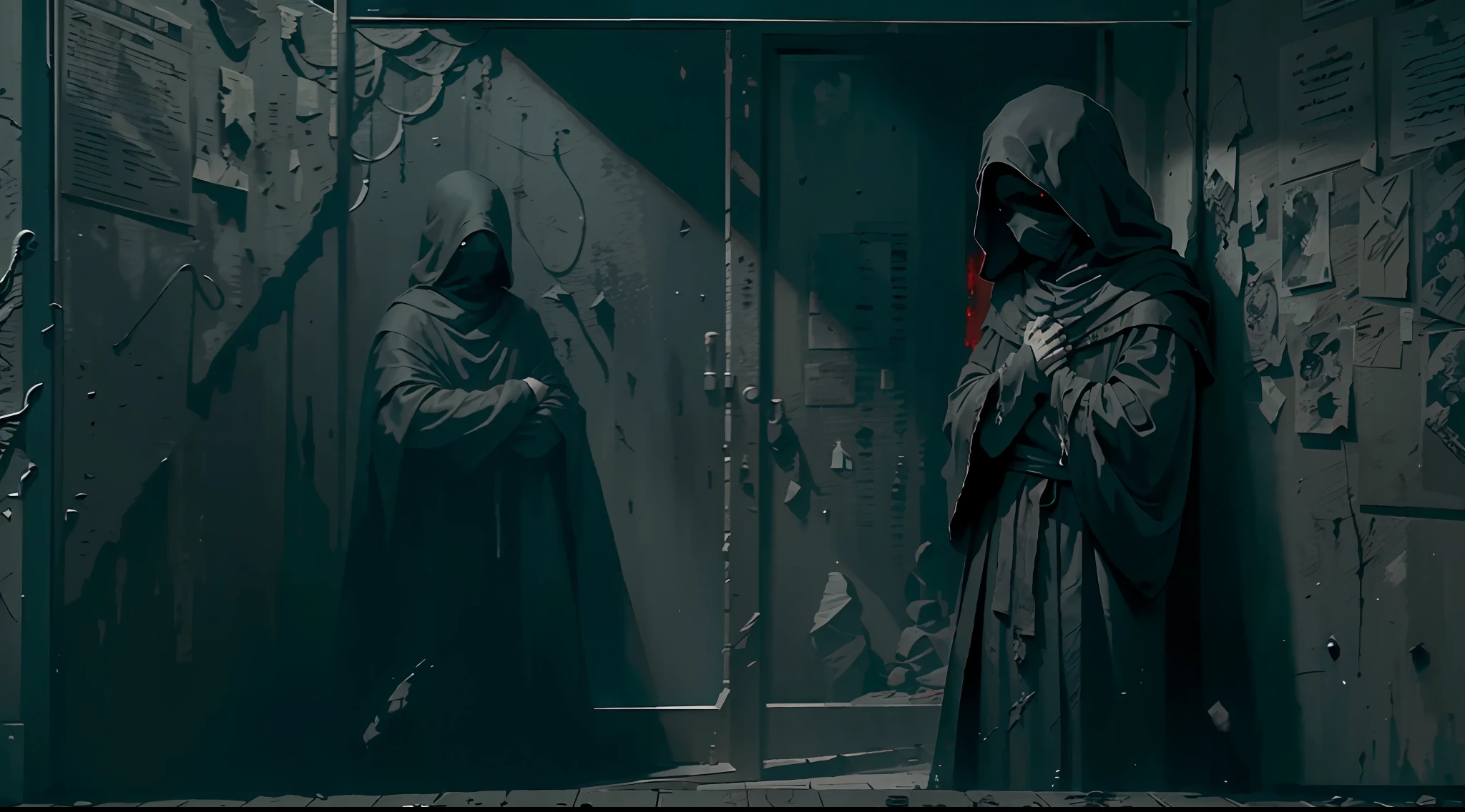 dark scene, medium shot, men, masked cultists with black robes, no face, in a dark place, dark and gross room, horror scene, darkness, terrific, bloody, dirty, dark mood