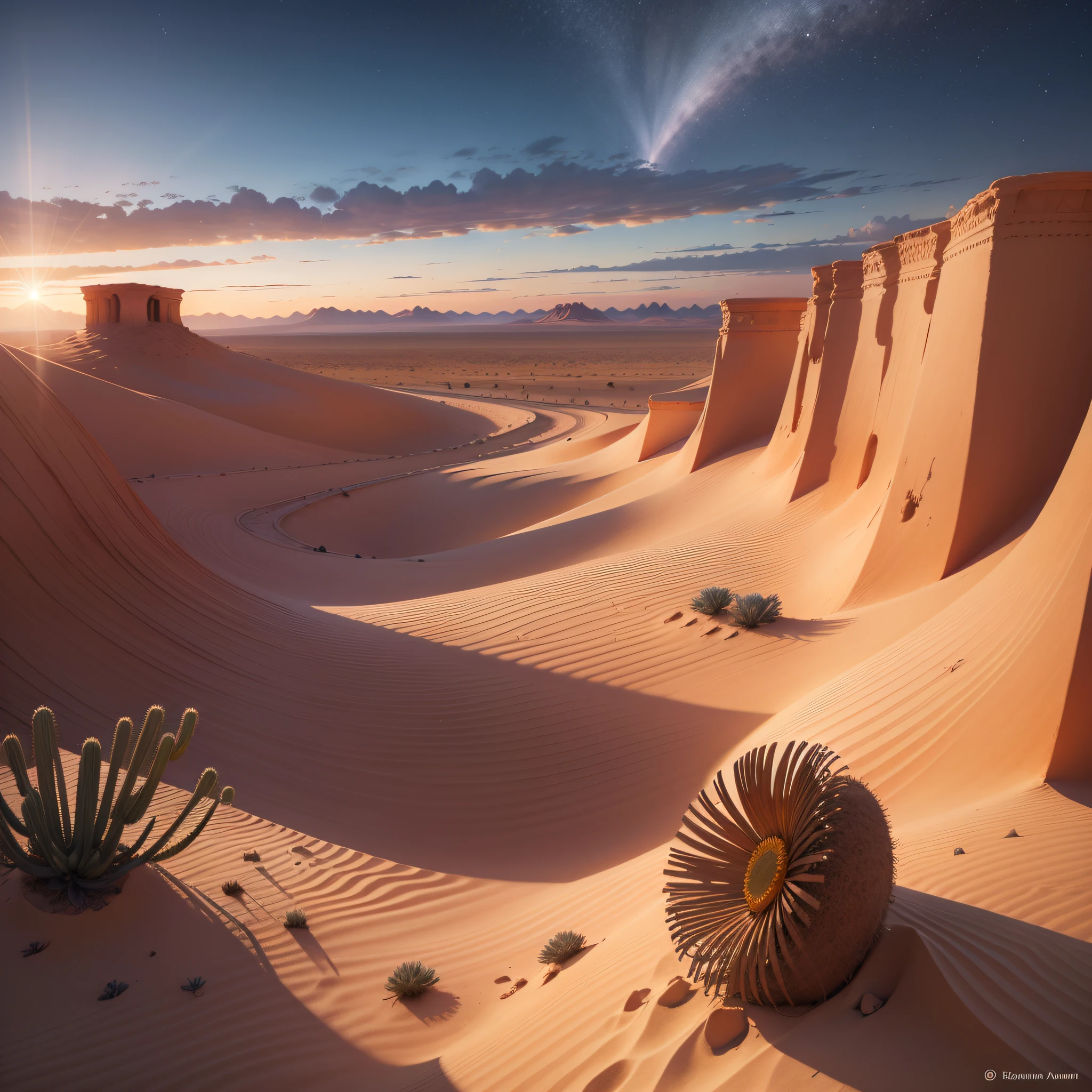 flower of light rising in the desert, with a dawn on the horizon rising in the sky --auto --s2
